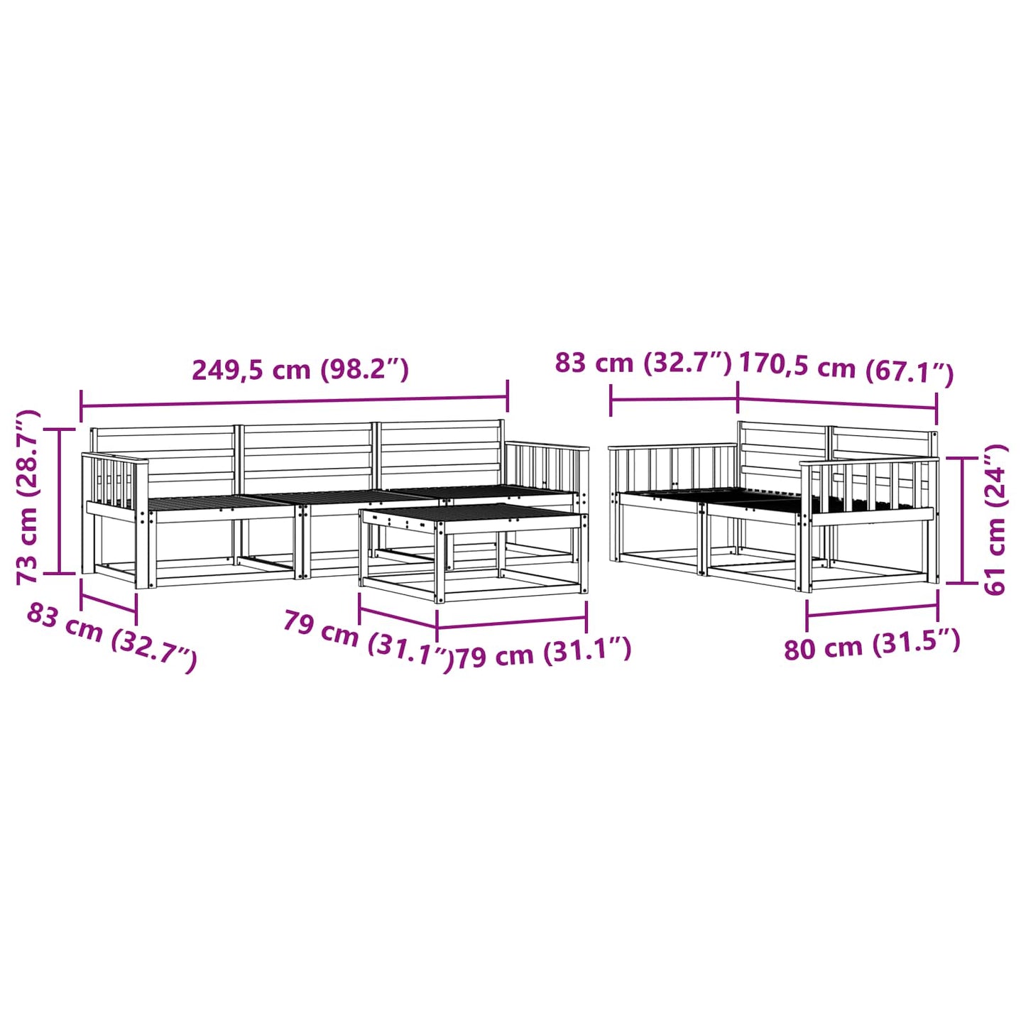 Utendørs sofa-sett 6 pcs Naturlig Solid akasietre