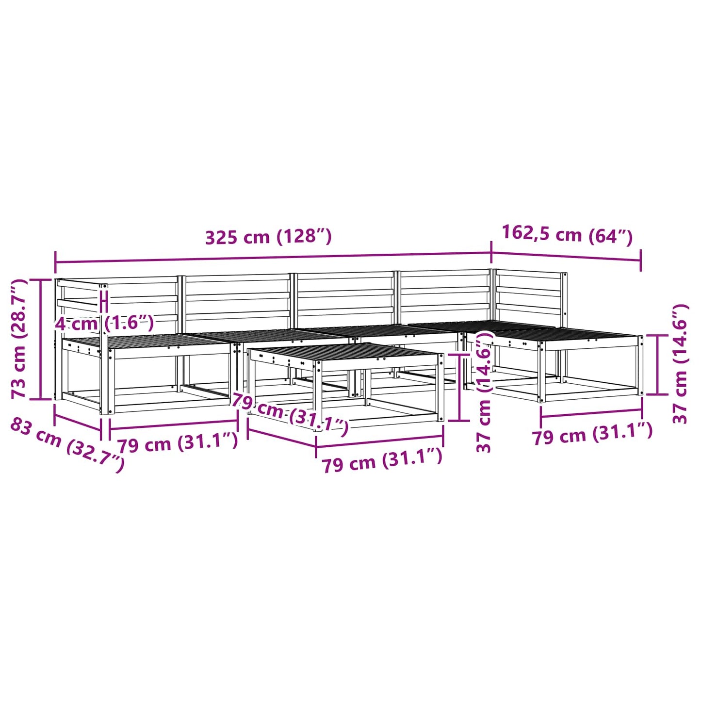 Utendørs sofa-sett 6 pcs Naturlig Solid akasietre