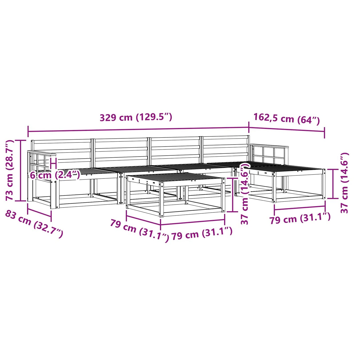 Utendørs sofa-sett 6 pcs Naturlig Solid akasietre