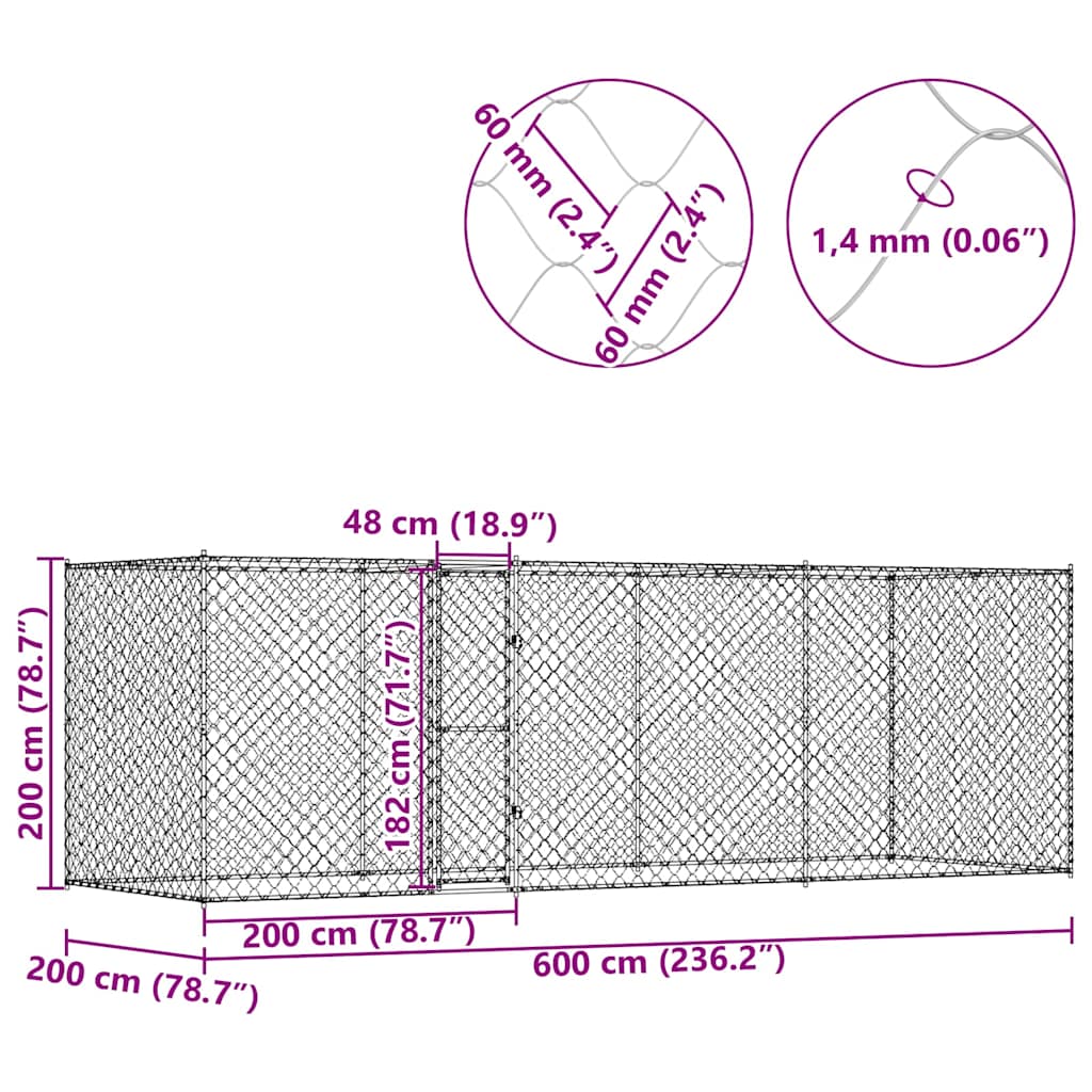 Hundebur sølv 600 x 200 x 200 cm Galvanisert Stål