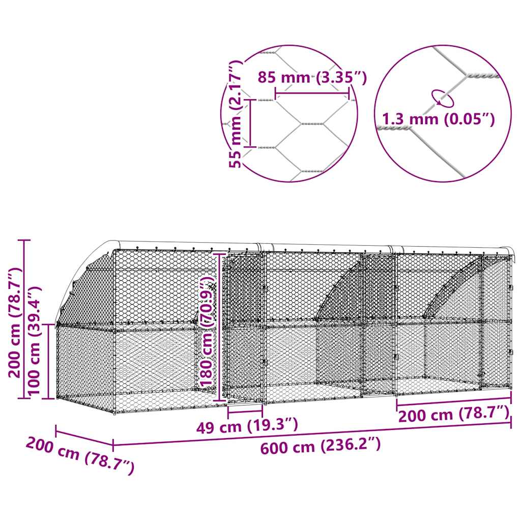 Hundebur med lagring 3 pcs sølv 6 x 2 x 2 m Galvanisert stål