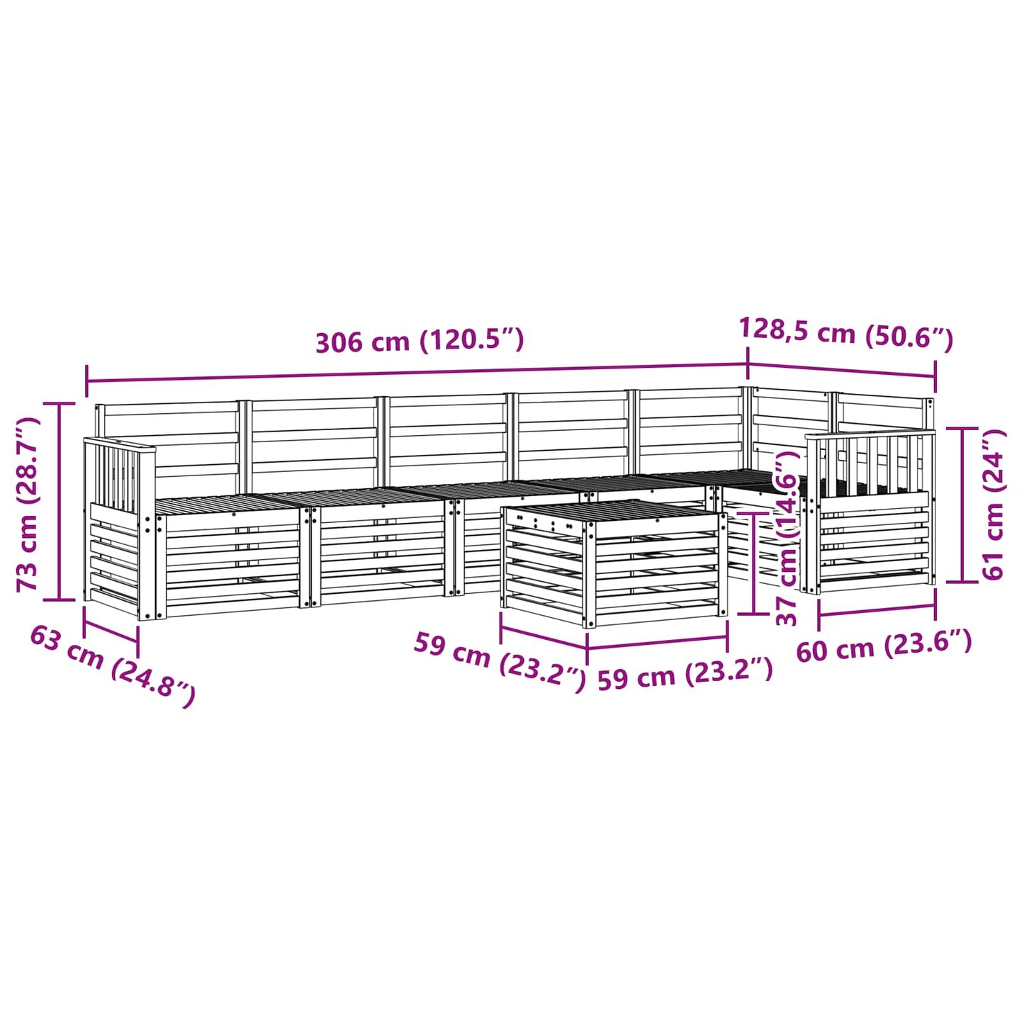 Seksjonssofa Sett 7 pcs Naturlig Solid akasietre
