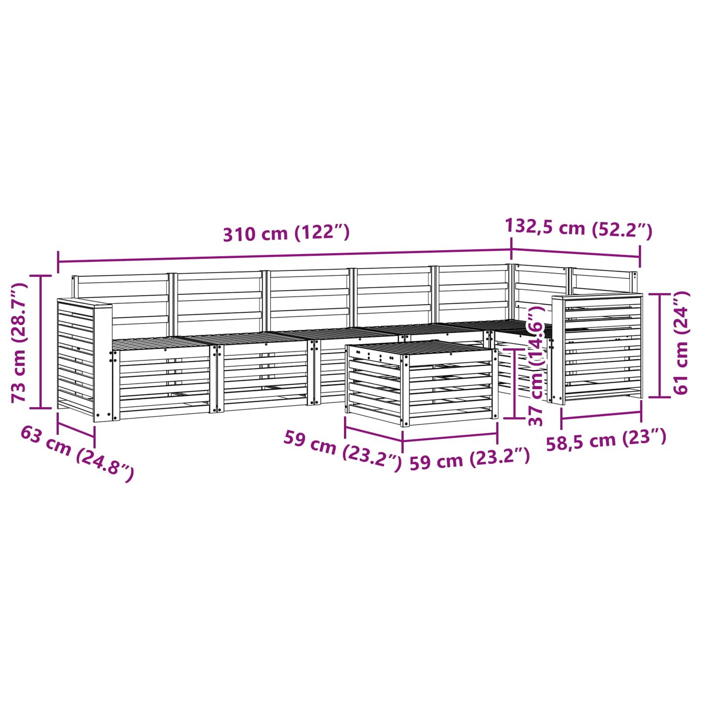 Seksjonssofa Sett 7 pcs Naturlig Solid akasietre