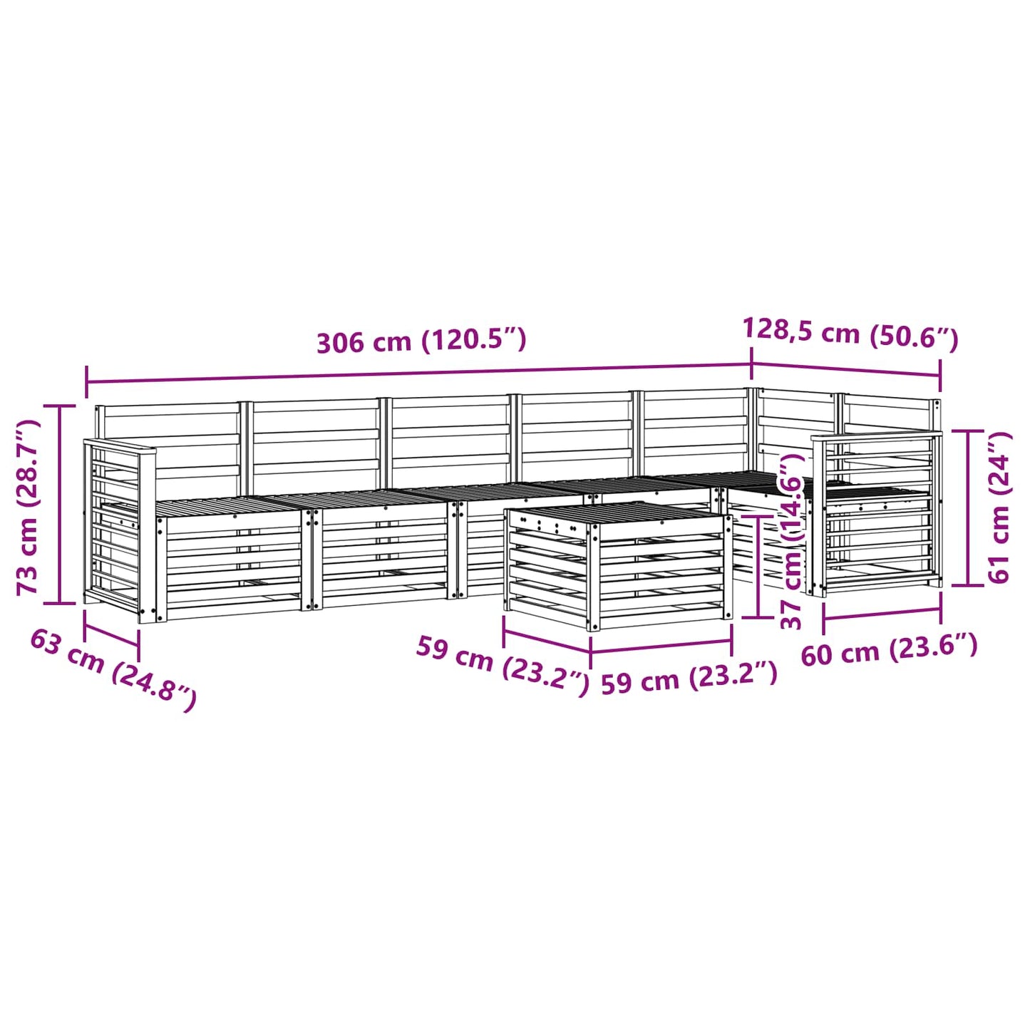 Seksjonssofa Sett 7 pcs Naturlig Solid akasietre