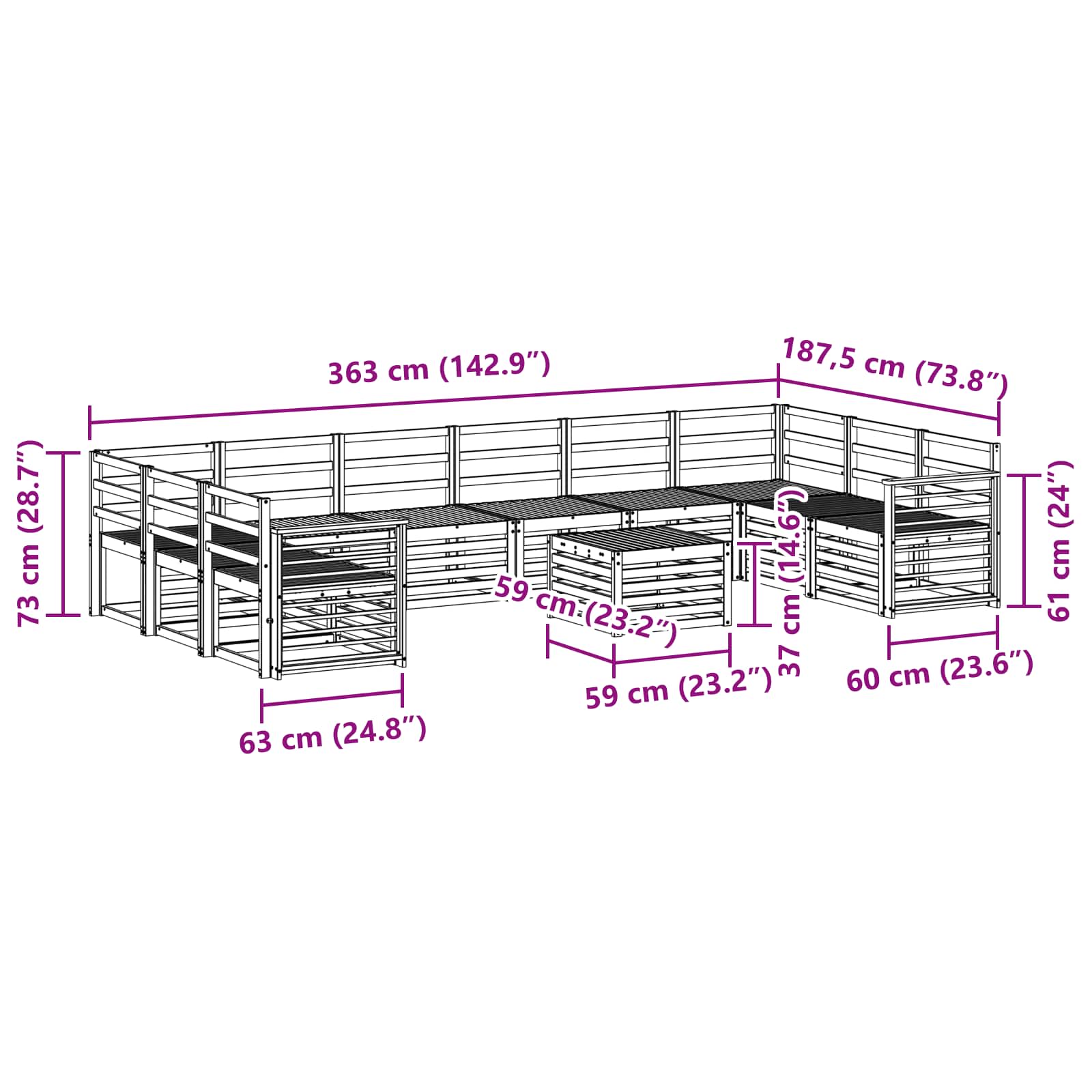 Sofasett 11 pcs Naturlig Solid akasietre vidaXL
