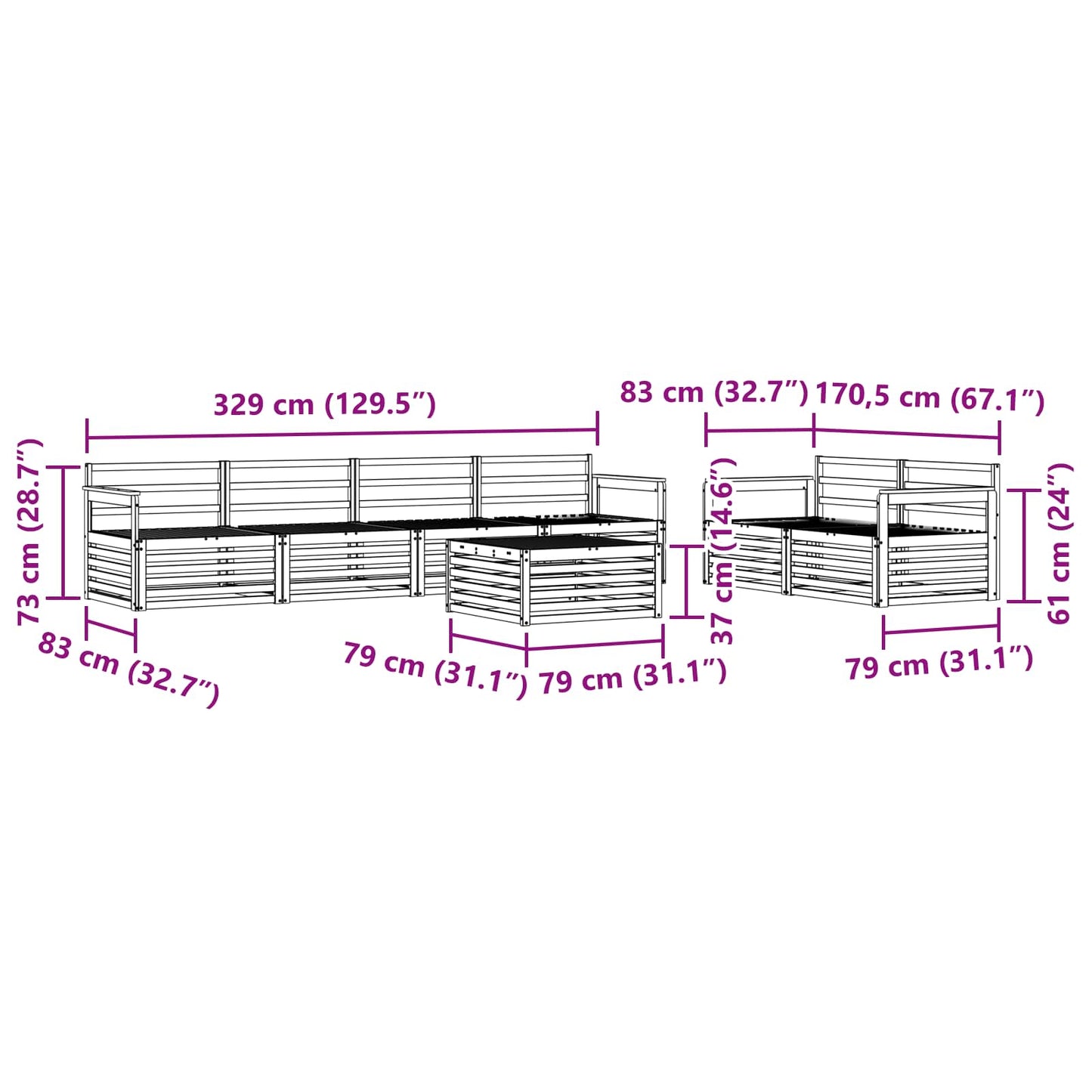Utendørs sofa-sett 7 pcs Naturlig Solid akasietre