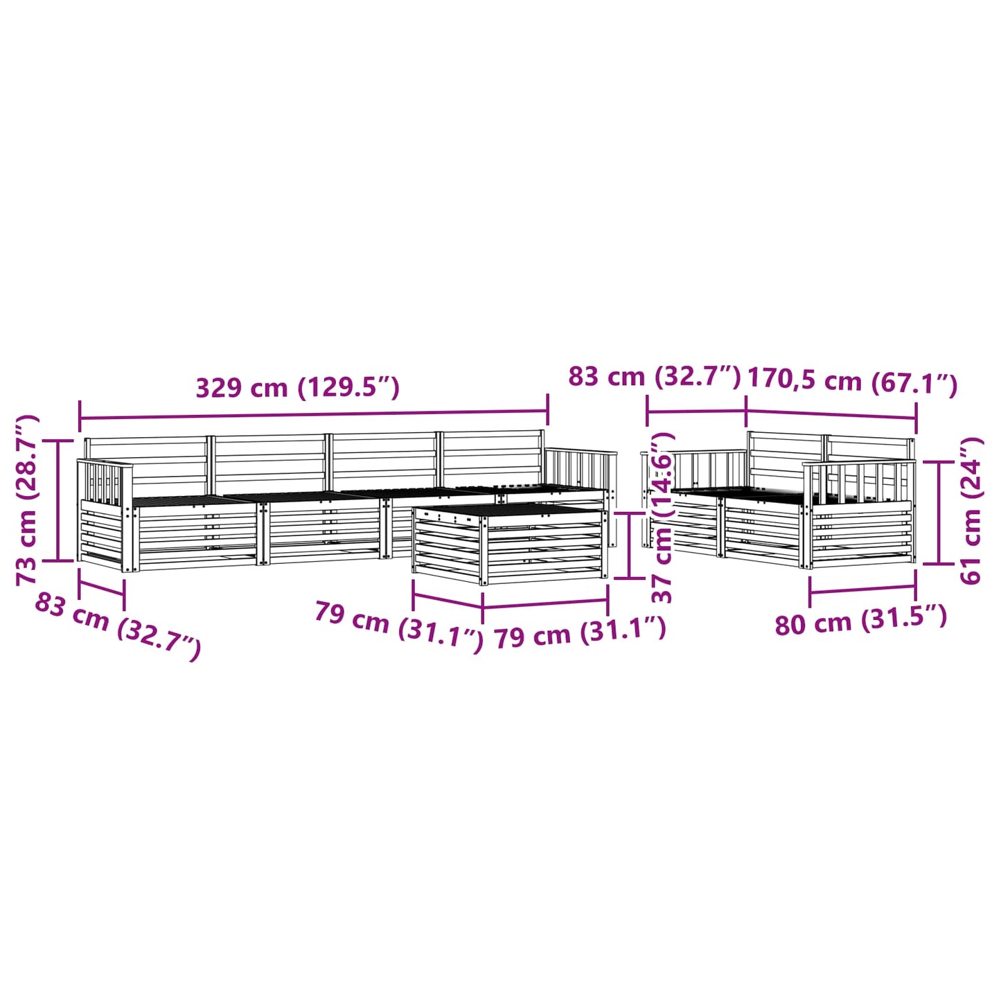 Utendørs sofa-sett 7 pcs Naturlig Solid akasietre