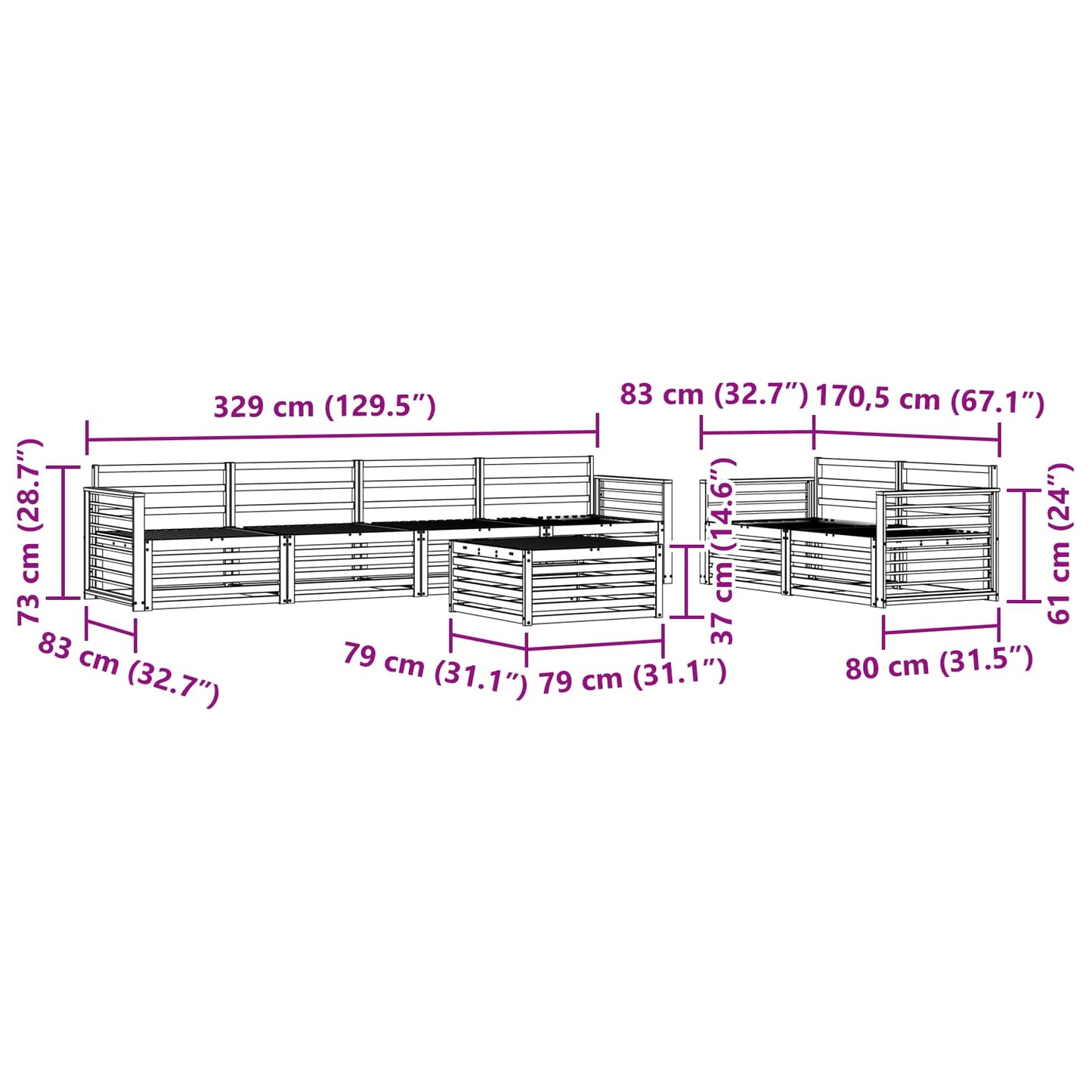 Utendørs sofa-sett 7 pcs Naturlig Solid akasietre