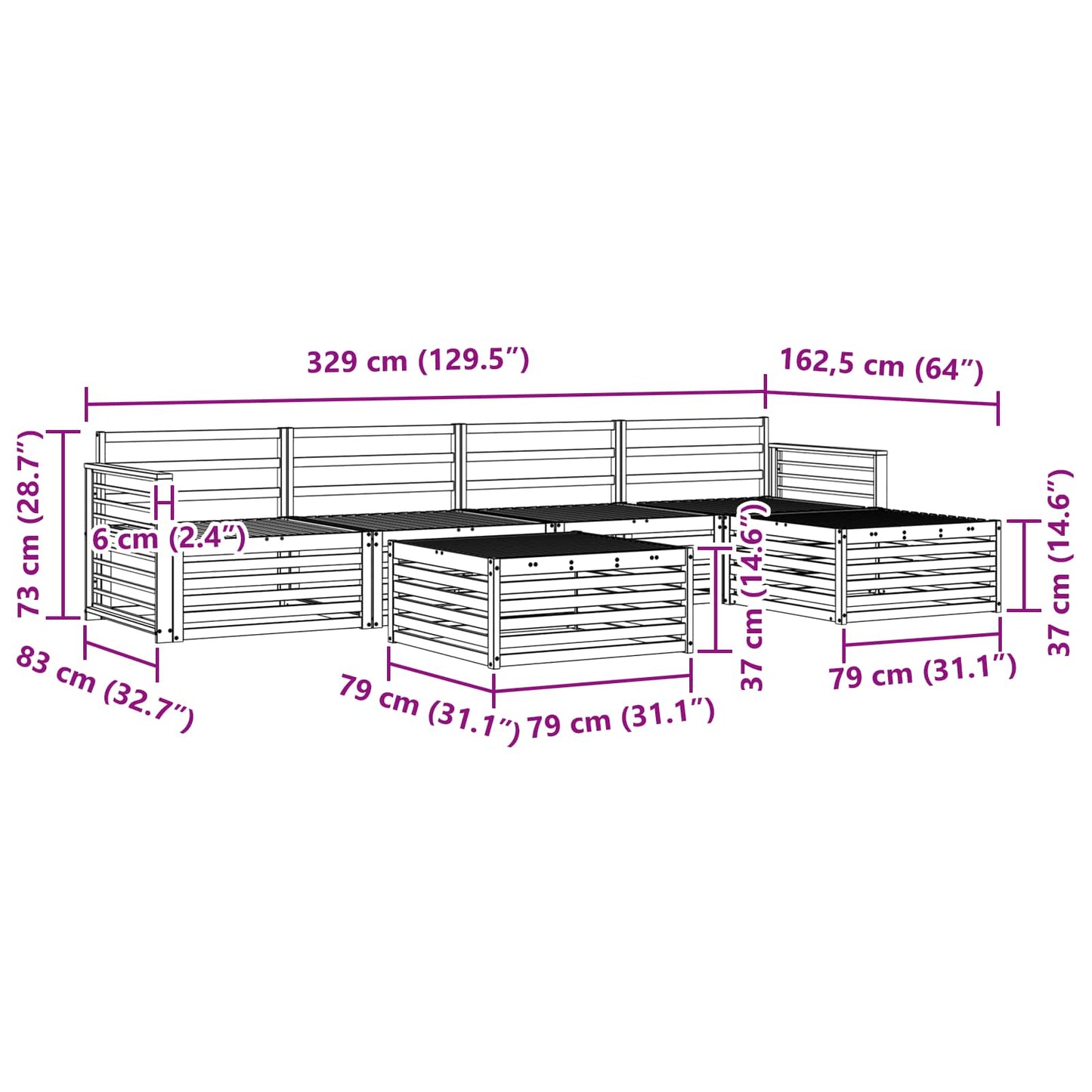Utendørs sofa-sett 6 pcs Naturlig vidaXL