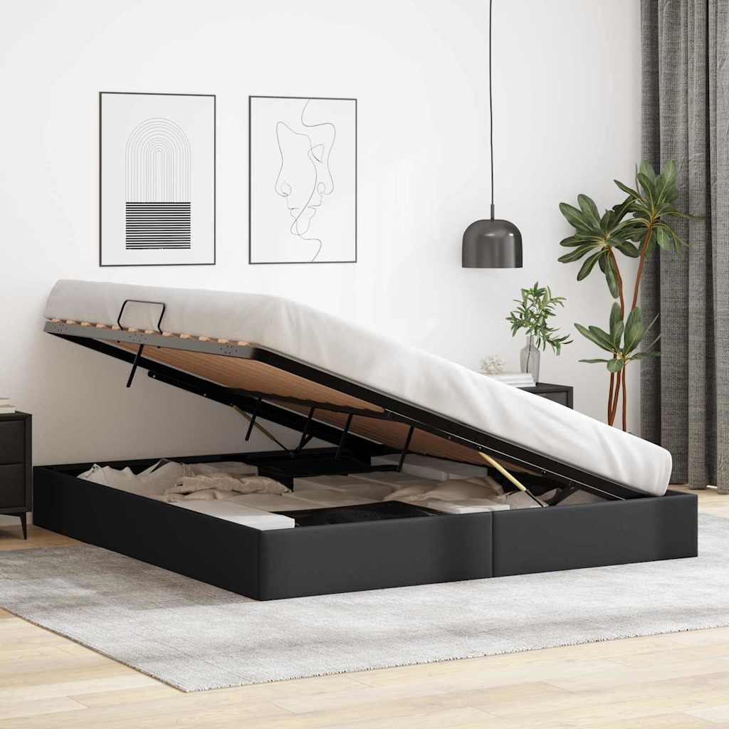 Seng med Oppbevaring med lagring Svart 183 x 213 cm Kunstlær