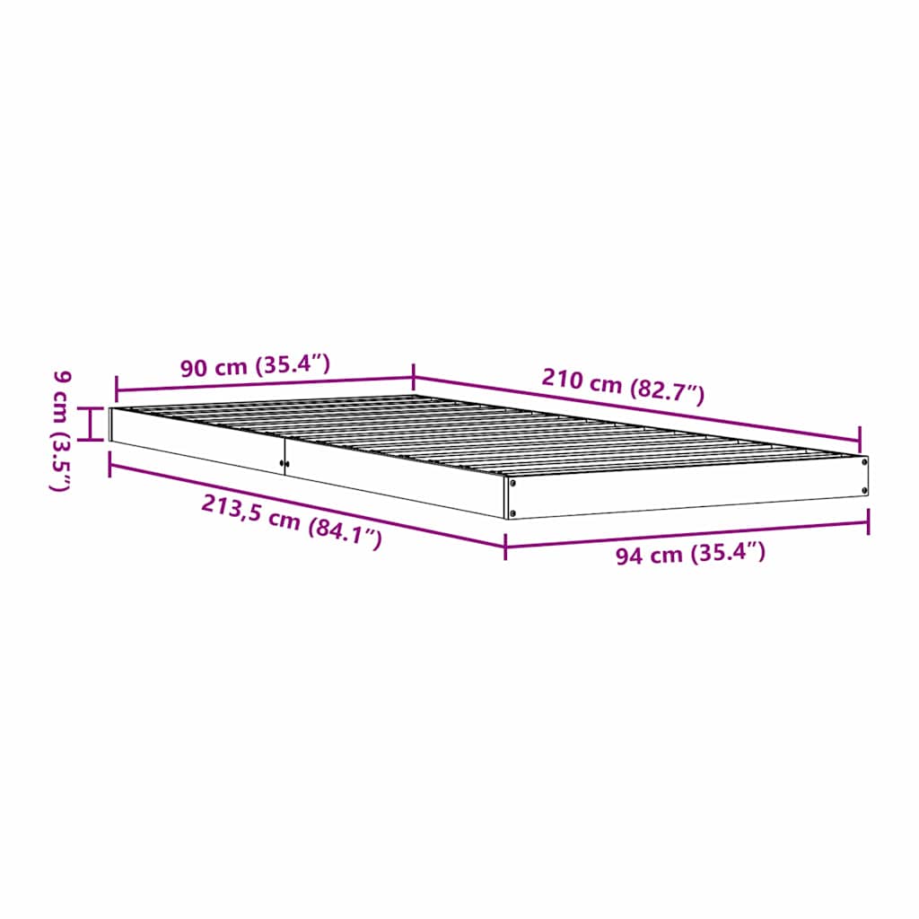 Gulvbedramme Hvit 90 x 210 cm Massiv furu