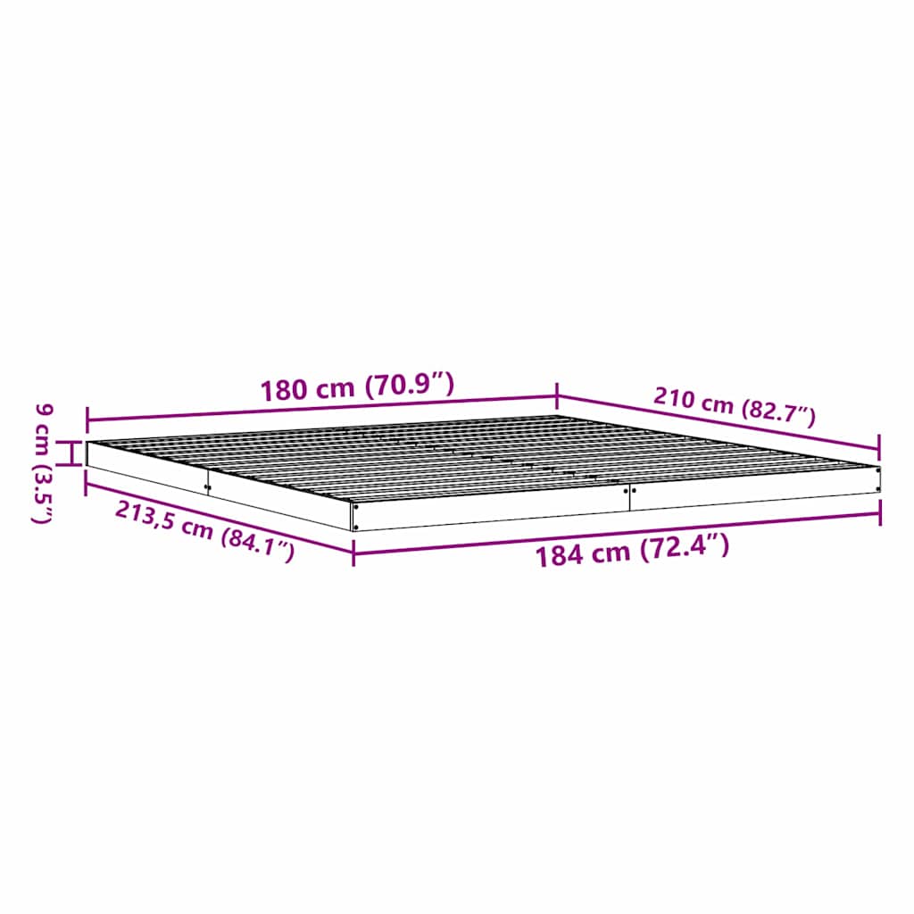 Gulvbedramme Hvit 213,5 x 184 x 9 cm Massiv furu