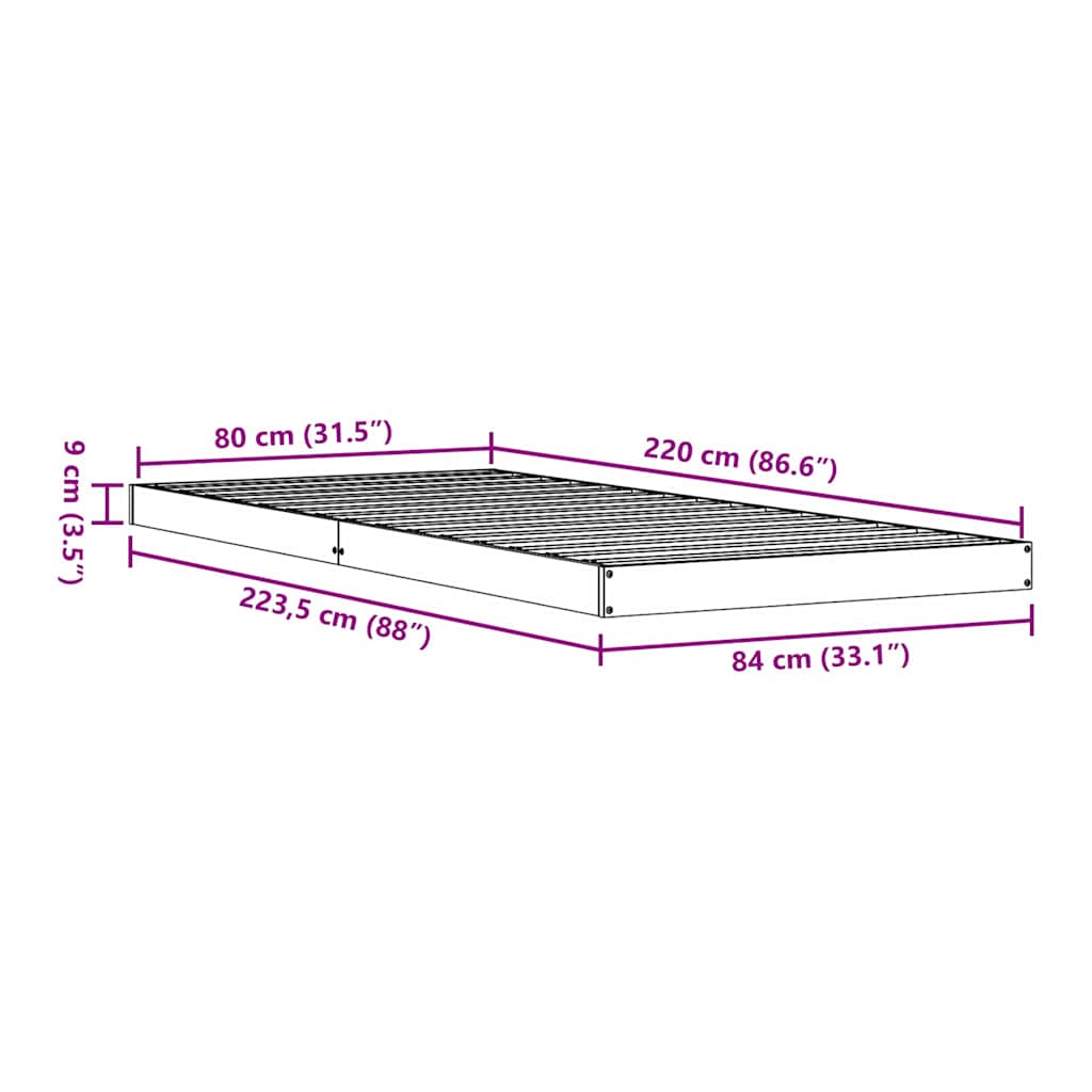 Gulvbedramme Hvit 80 x 220 cm Massivt furutre