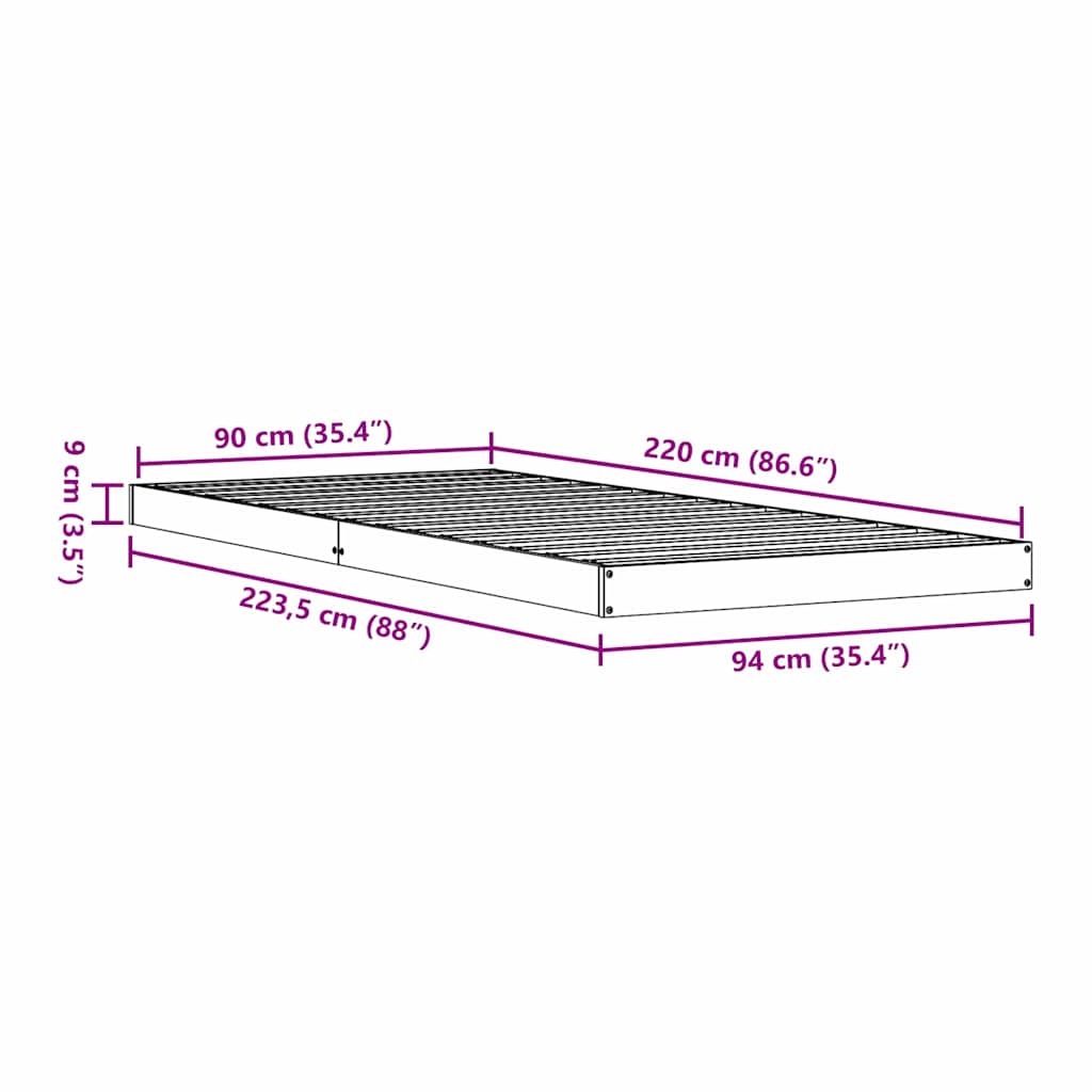 Gulvbedramme Hvit 90 x 220 cm Massivt furutre