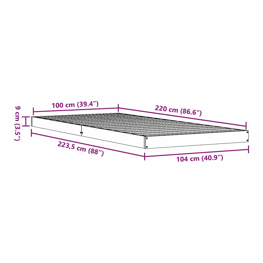 Gulvbedramme Naturlig 100 x 220 cm Massiv furu