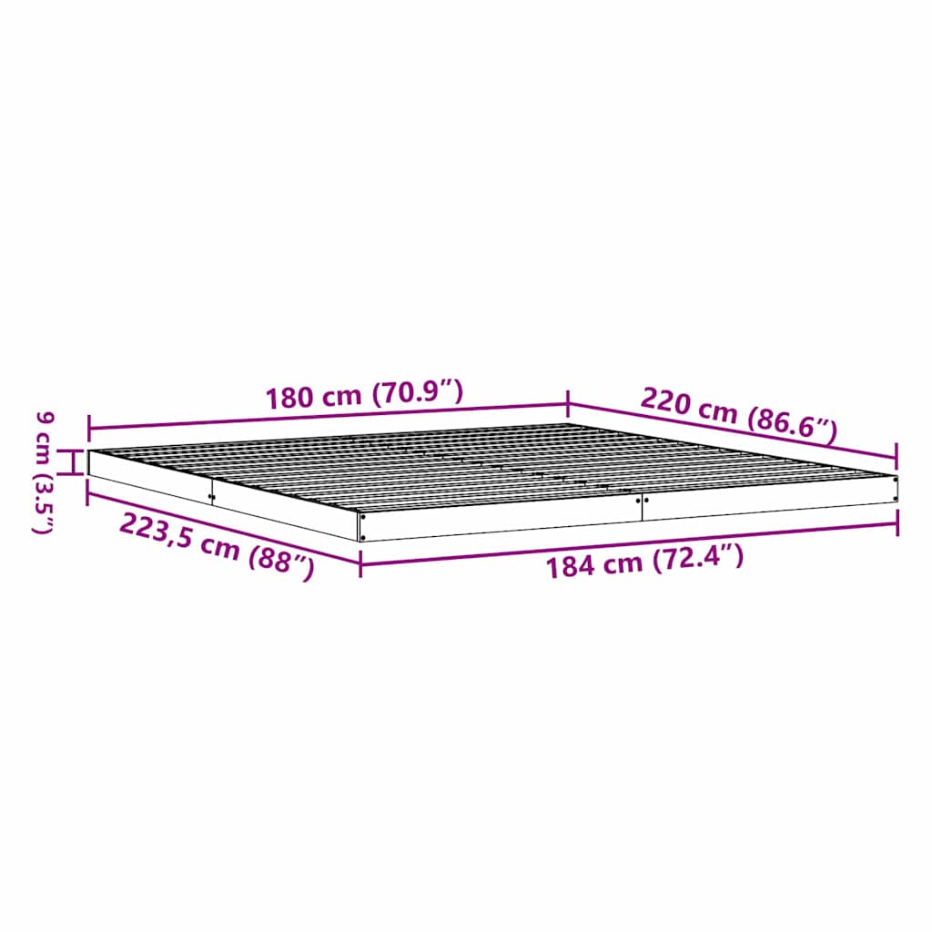 Gulvbedramme Hvit 180 x 220 cm Massiv furu