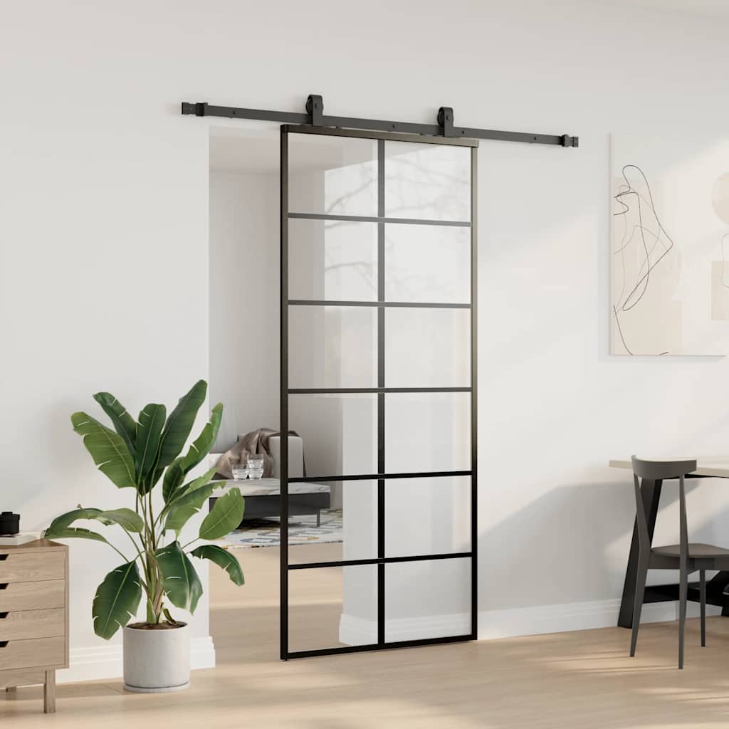 Skyvedør med monteringssett svart 90x205 cm ESG-glass