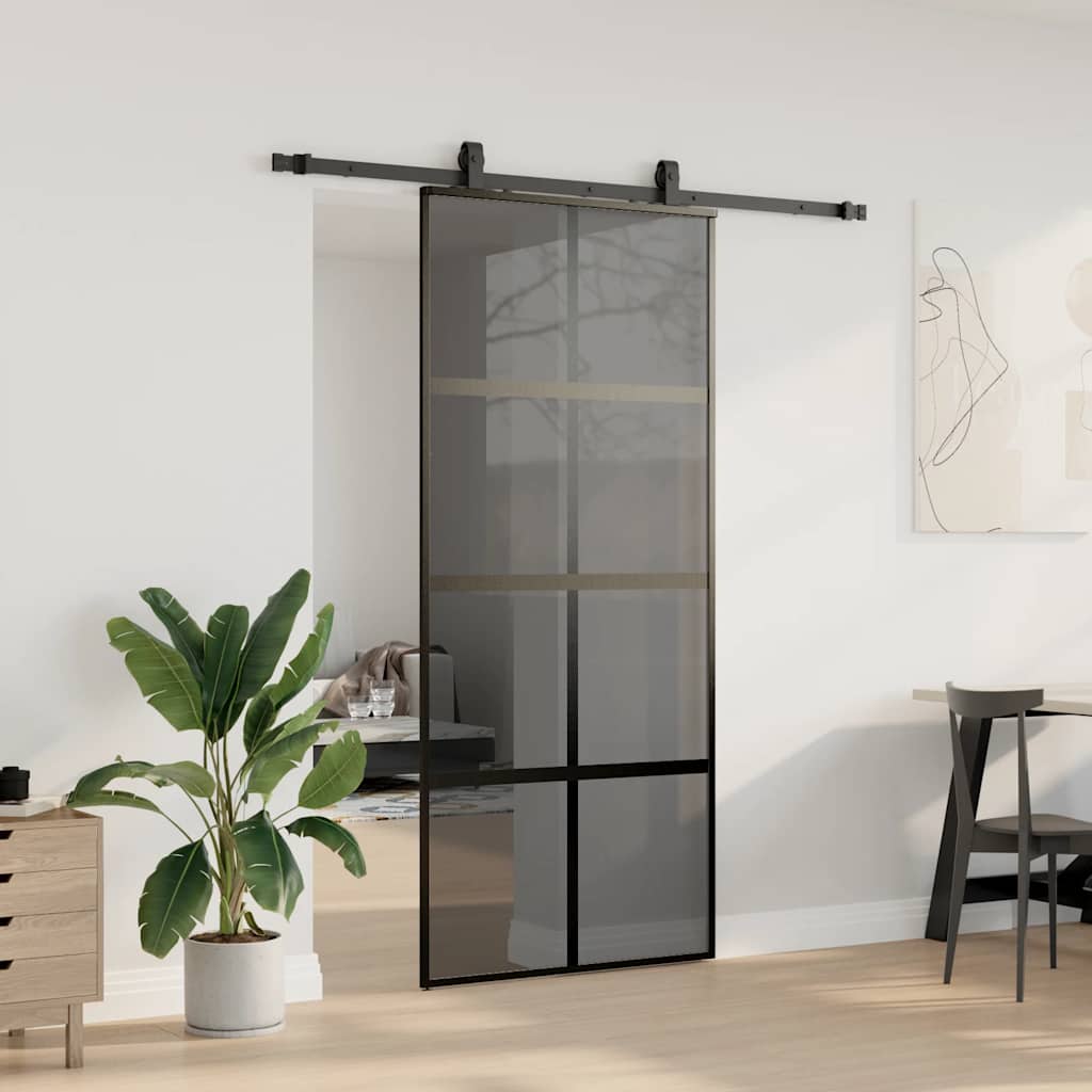 Skyvedør med monteringssett svart 90x205 cm herdet glass