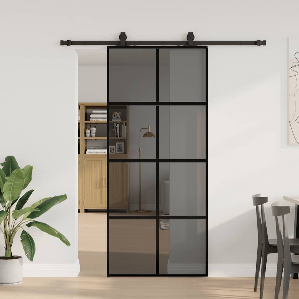 Skyvedør med monteringssett svart 90x205 cm herdet glass