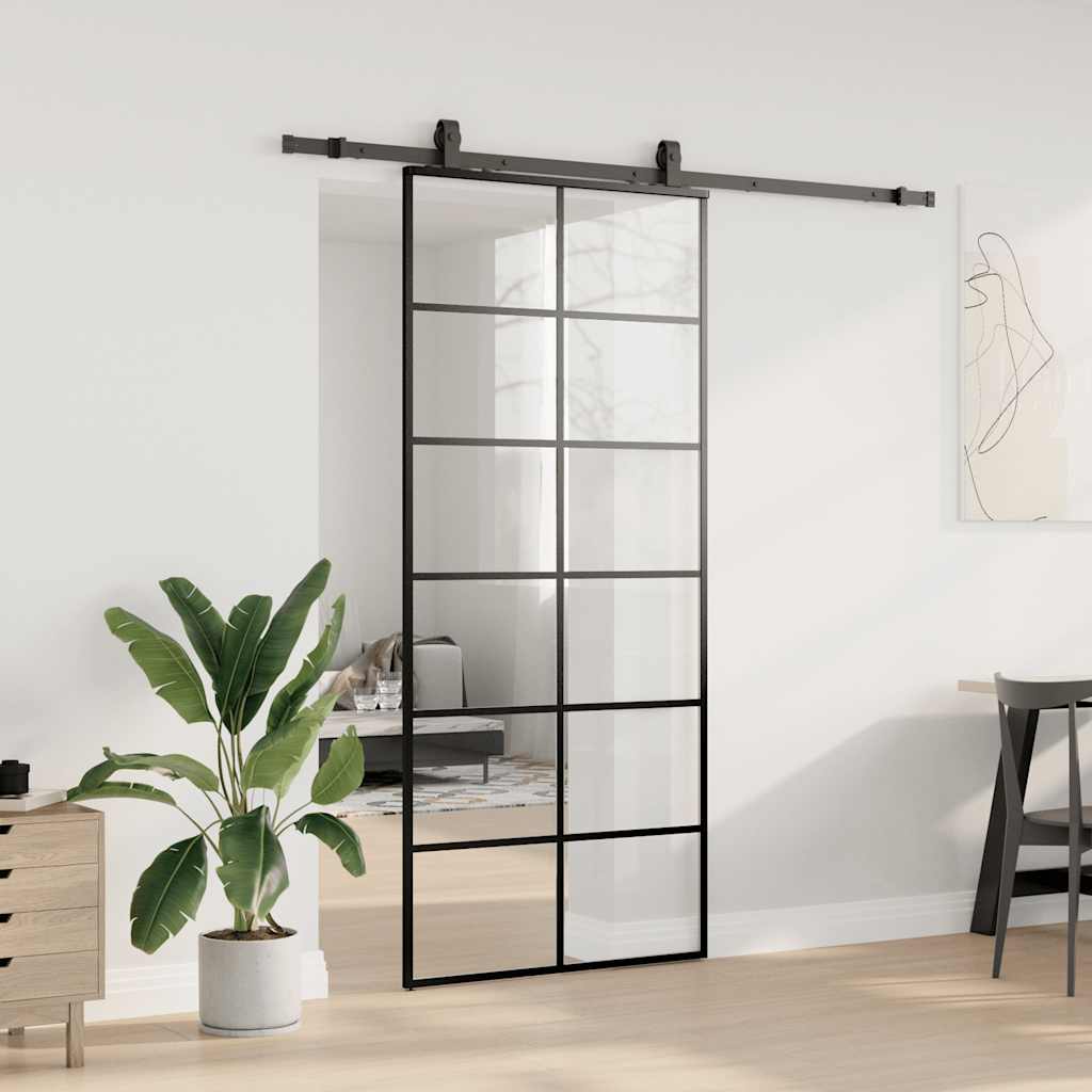 Skyvedør med monteringssett svart 90x205 cm ESG-glass