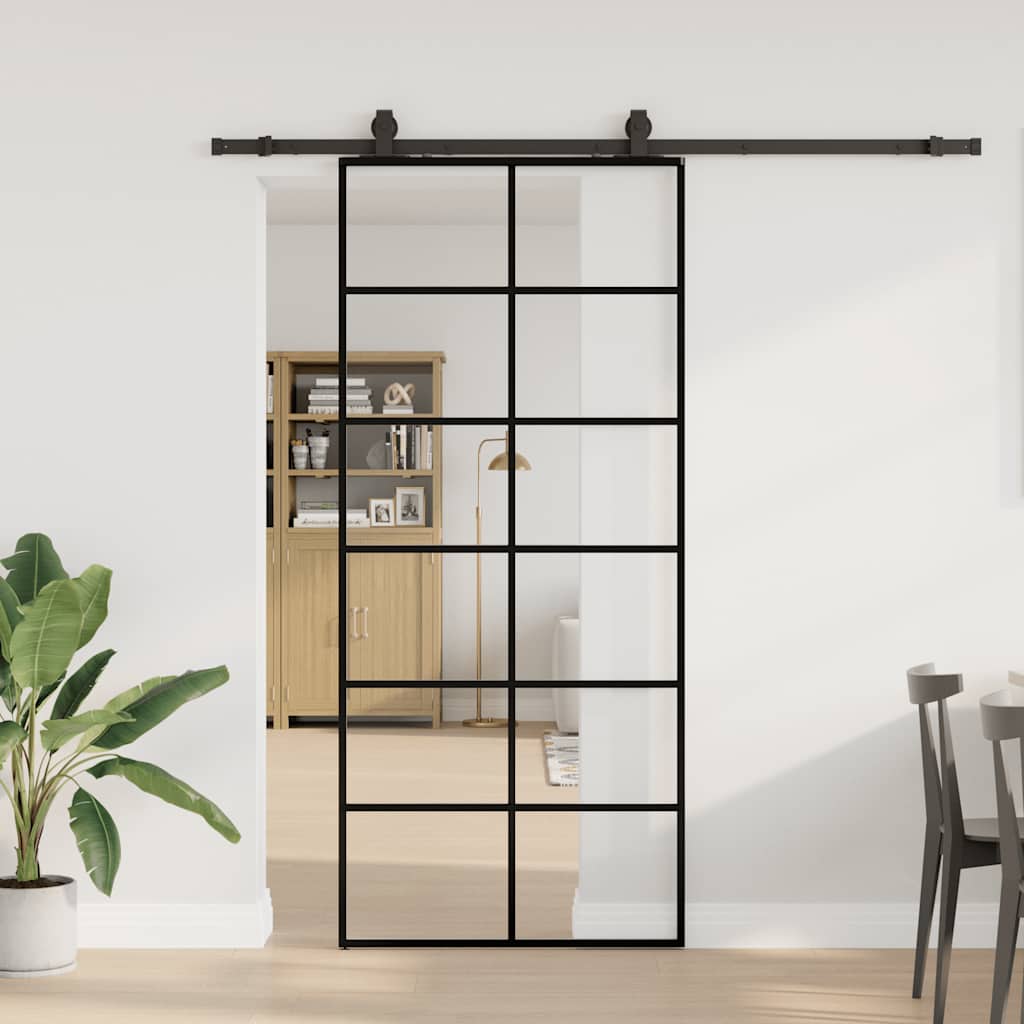 Skyvedør med monteringssett svart 90x205 cm ESG-glass