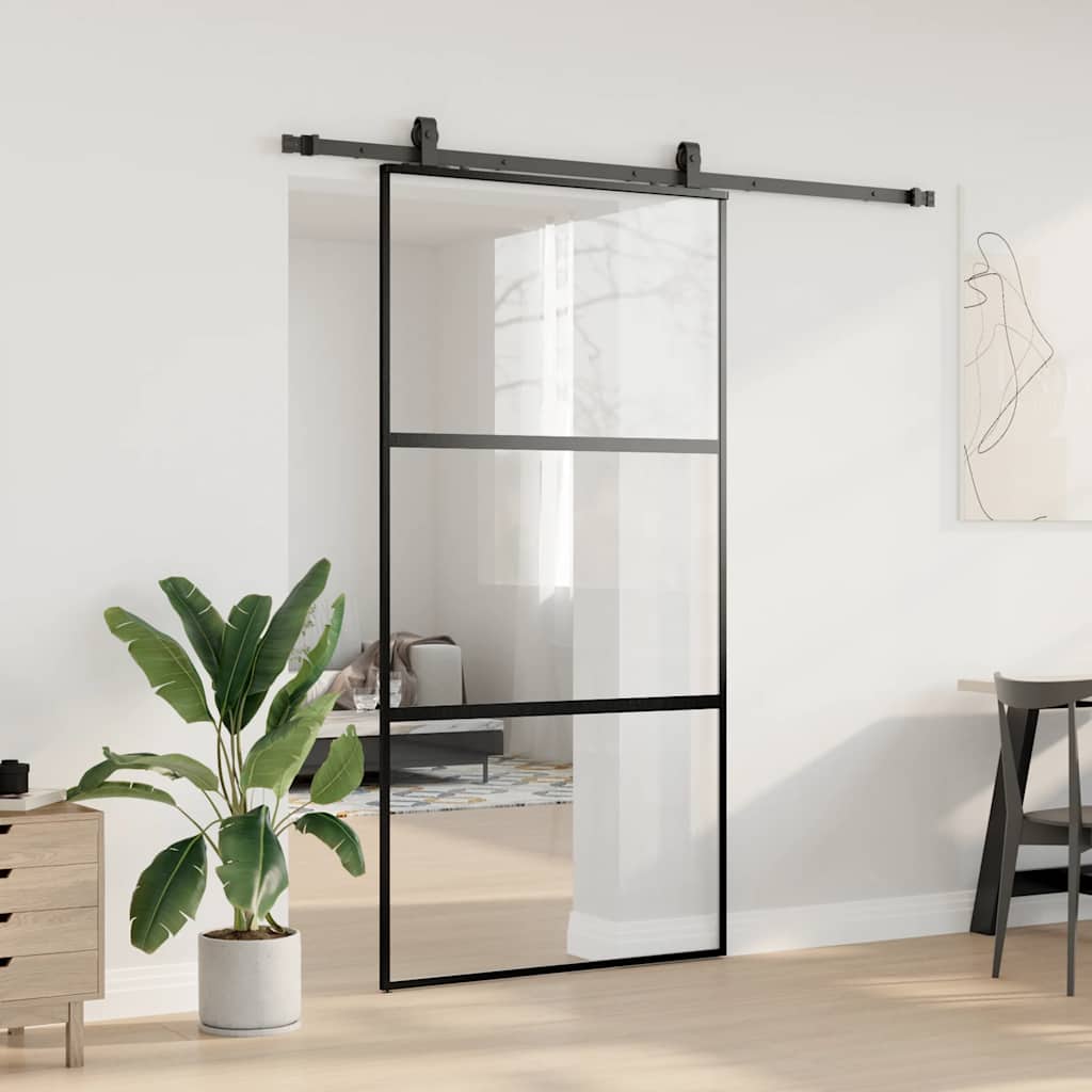 Skyvedør med monteringssett svart 102,5x205 cm herdet glass