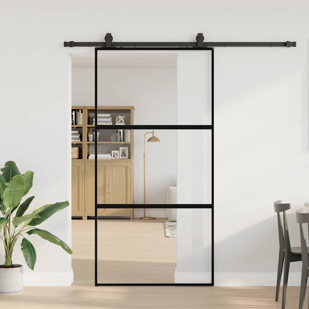 Skyvedør med monteringssett svart 102,5x205 cm herdet glass