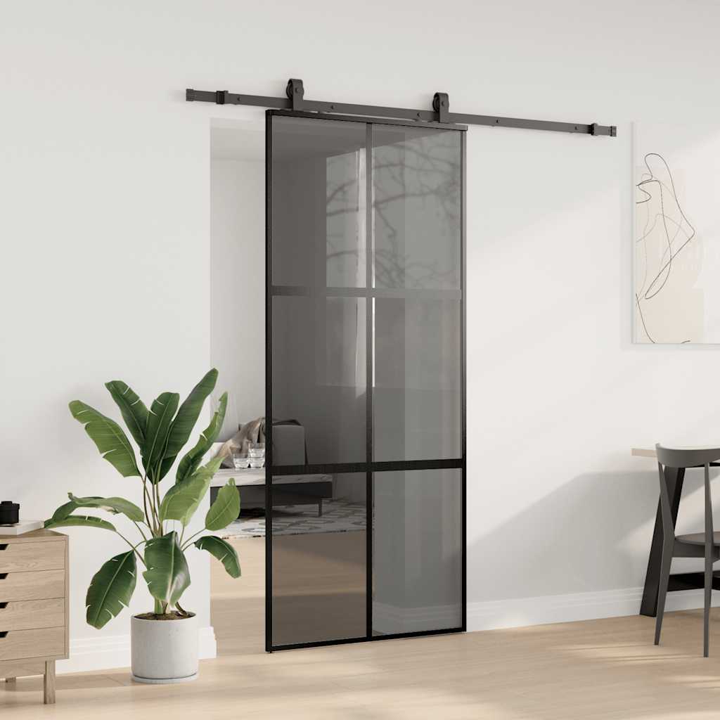Skyvedør med monteringssett svart 90x205 cm herdet glass