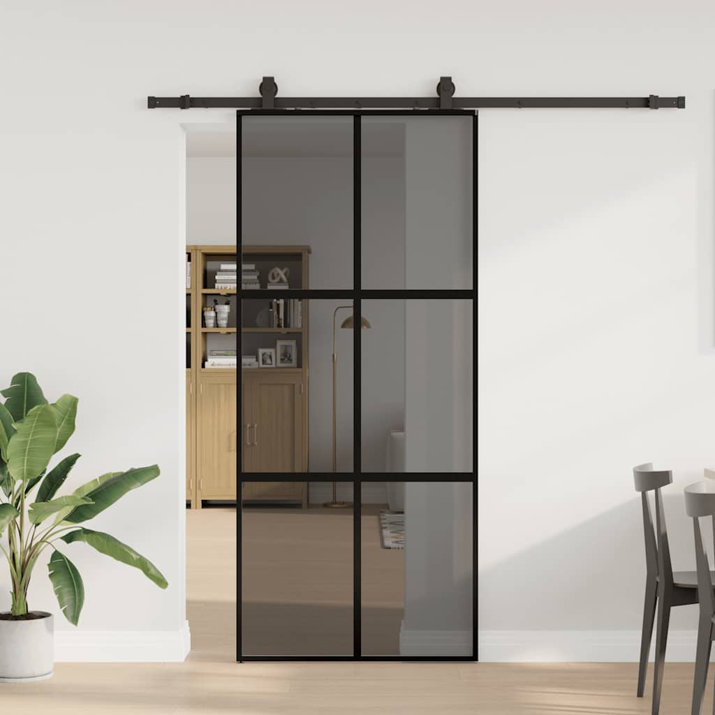 Skyvedør med monteringssett svart 90x205 cm herdet glass