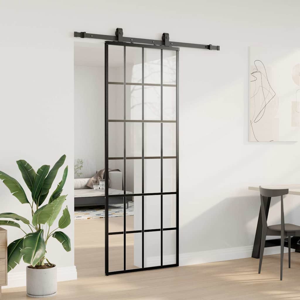 Skyvedør med monteringssett svart 76x205 cm ESG-glass