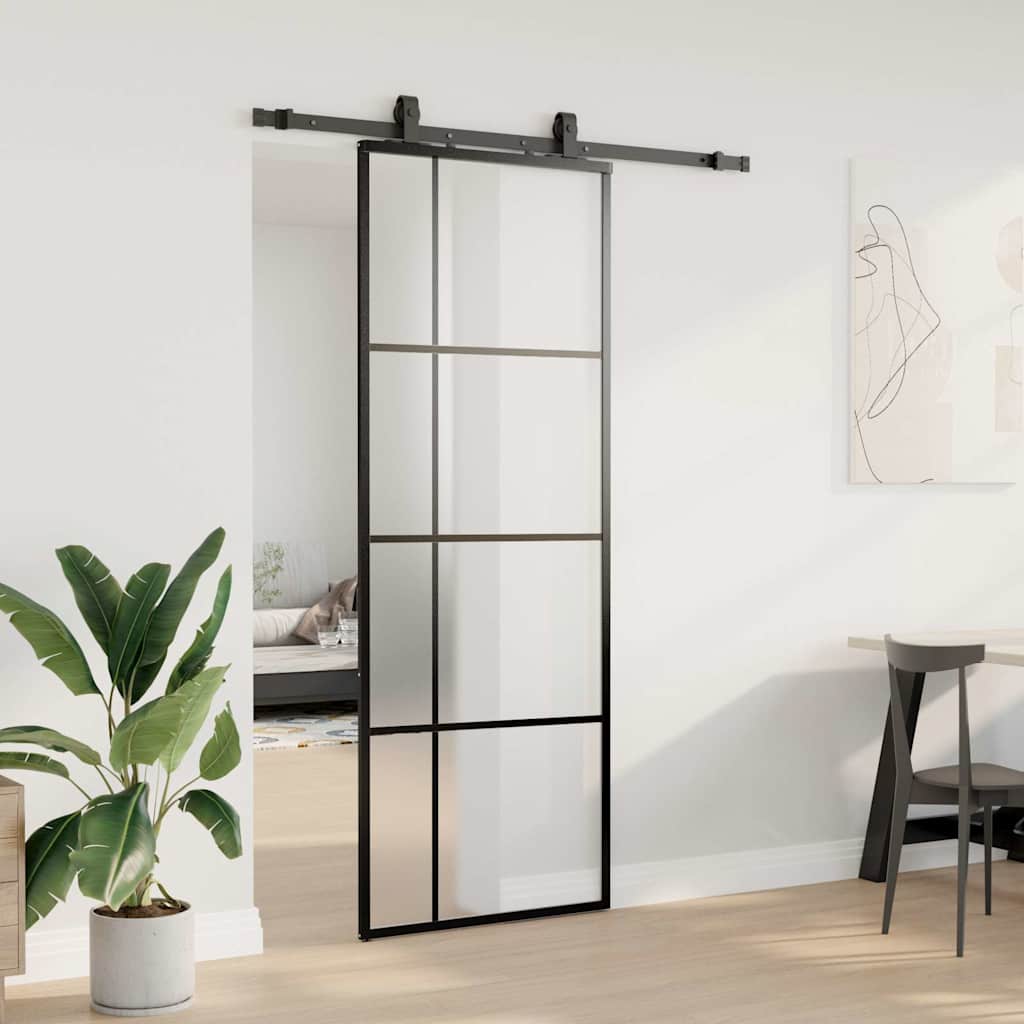 Skyvedør med monteringssett svart 76x205 cm ESG-glass