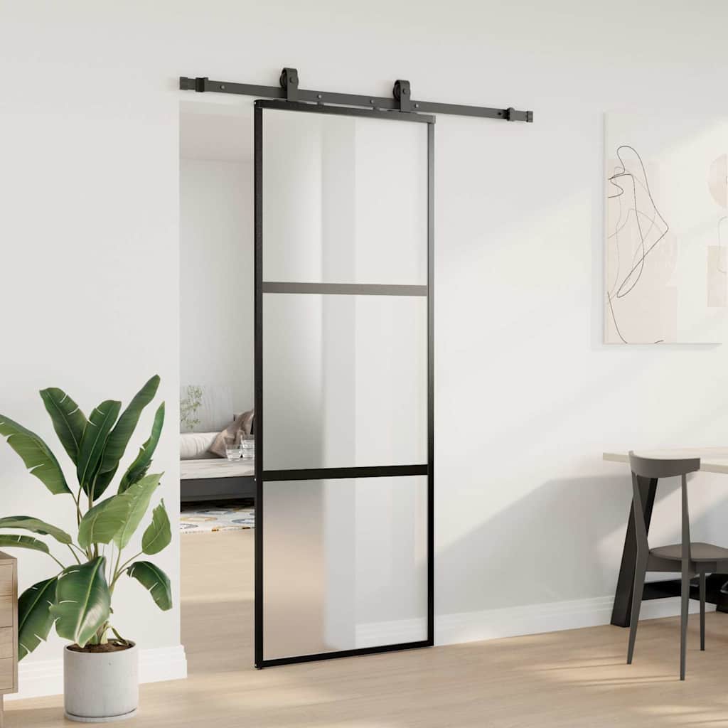 Skyvedør med monteringssett svart 76x205 cm herdet glass