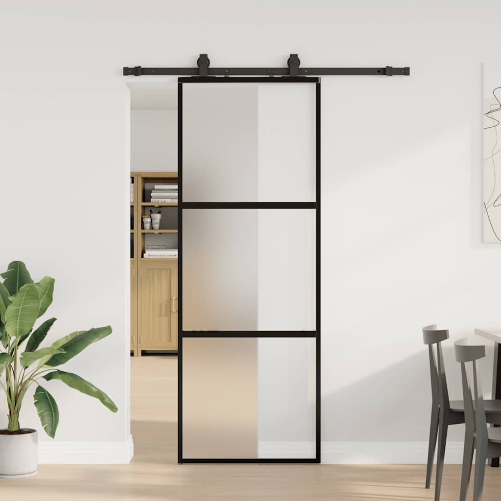 Skyvedør med monteringssett svart 76x205 cm herdet glass