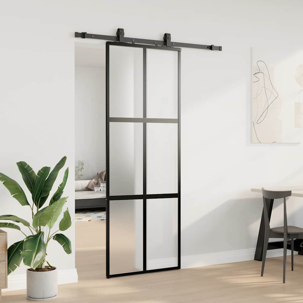 Skyvedør med monteringssett svart 76x205 cm herdet glass