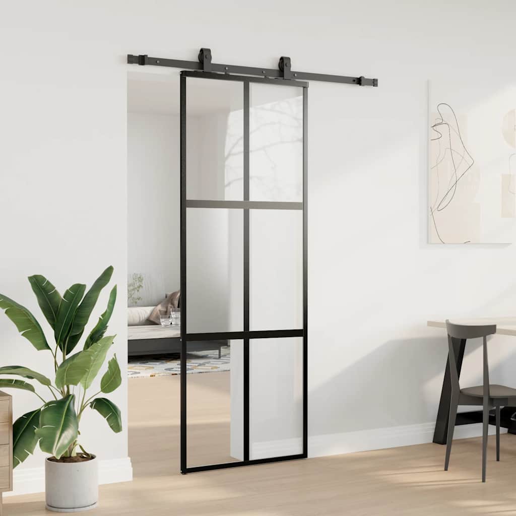 Skyvedør med monteringssett svart 76x205 cm herdet glass