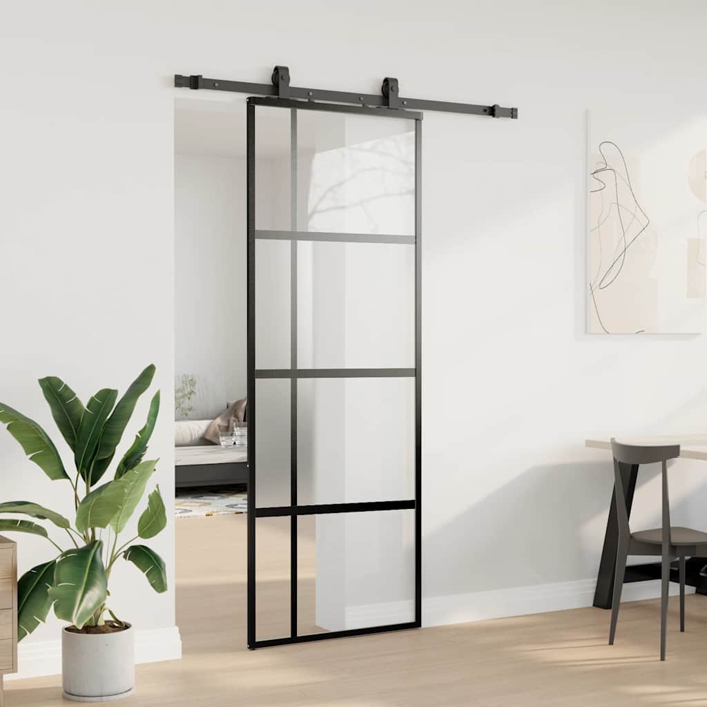 Skyvedør med monteringssett svart 76x205 cm herdet glass