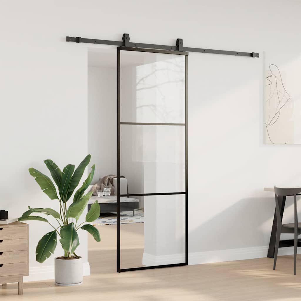 Skyvedør med monteringssett svart 76x205 cm ESG-glass
