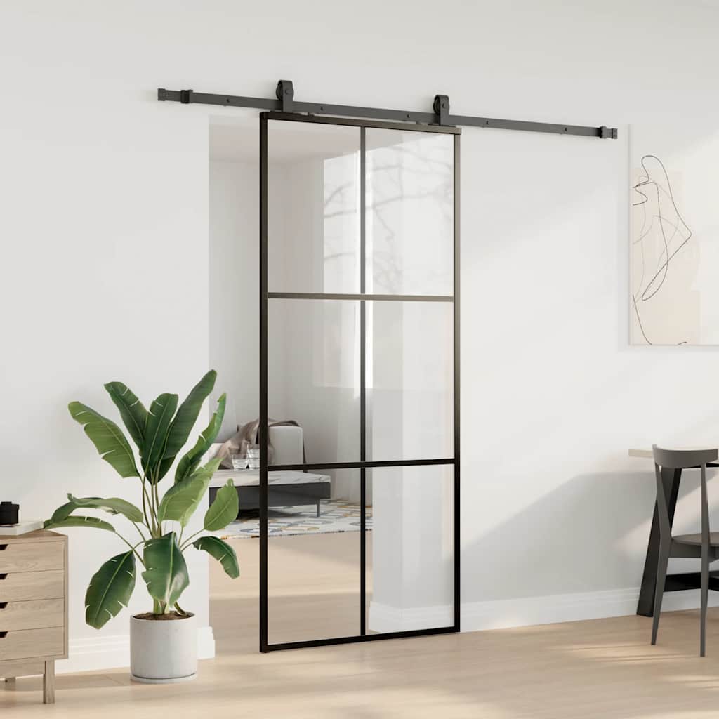 Skyvedør med monteringssett svart 90x205 cm ESG-glass