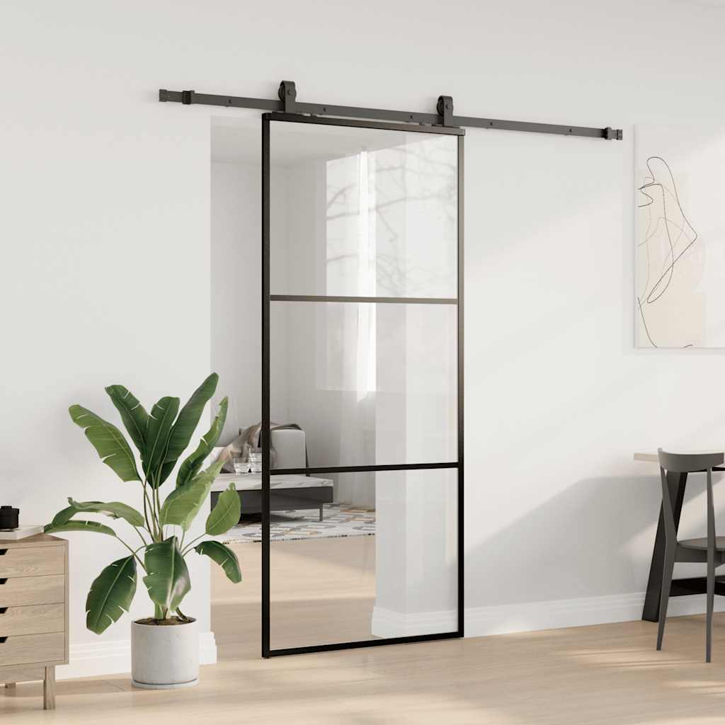 Skyvedør med monteringssett svart 90x205 cm ESG-glass