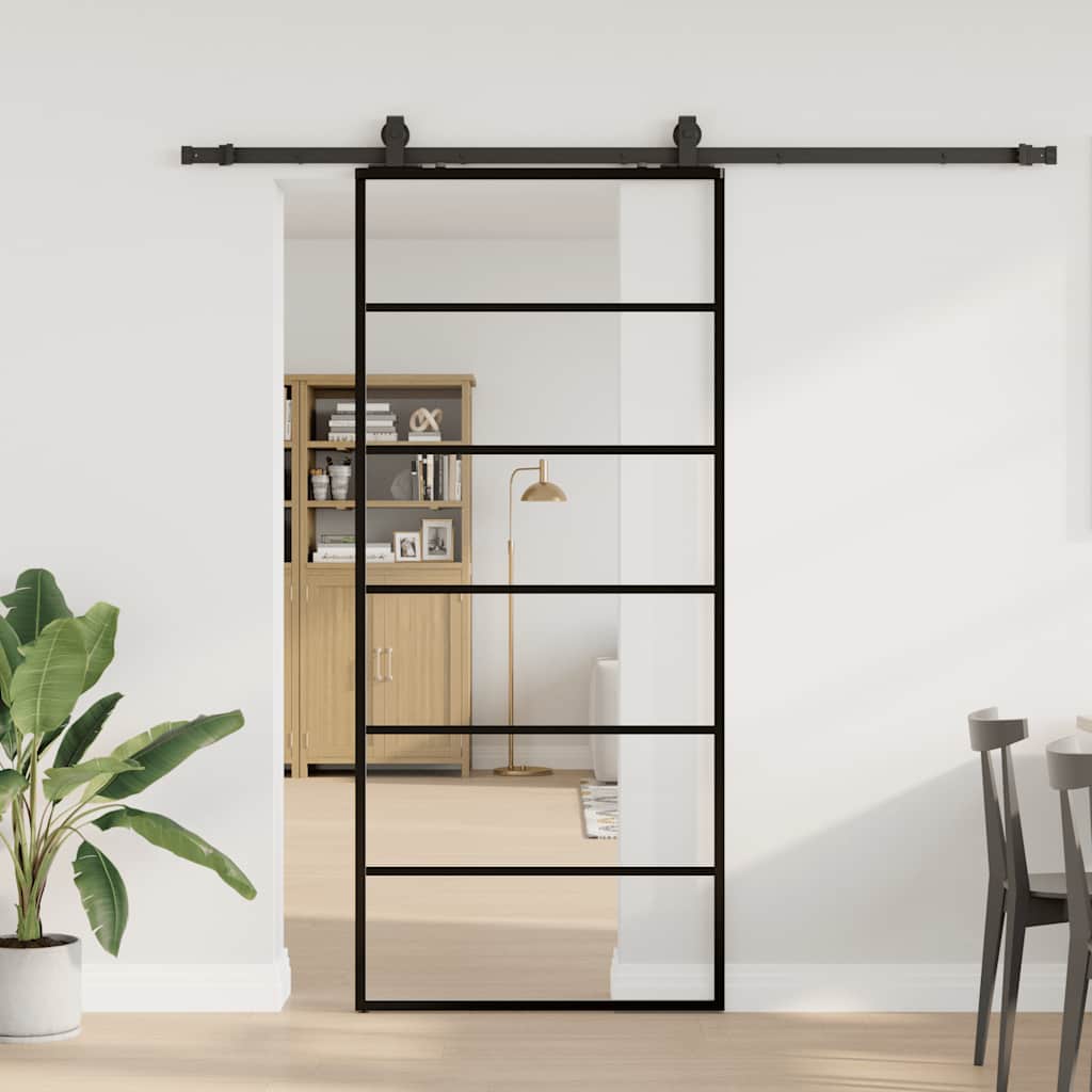 Skyvedør med monteringssett svart 90x205 cm ESG-glass
