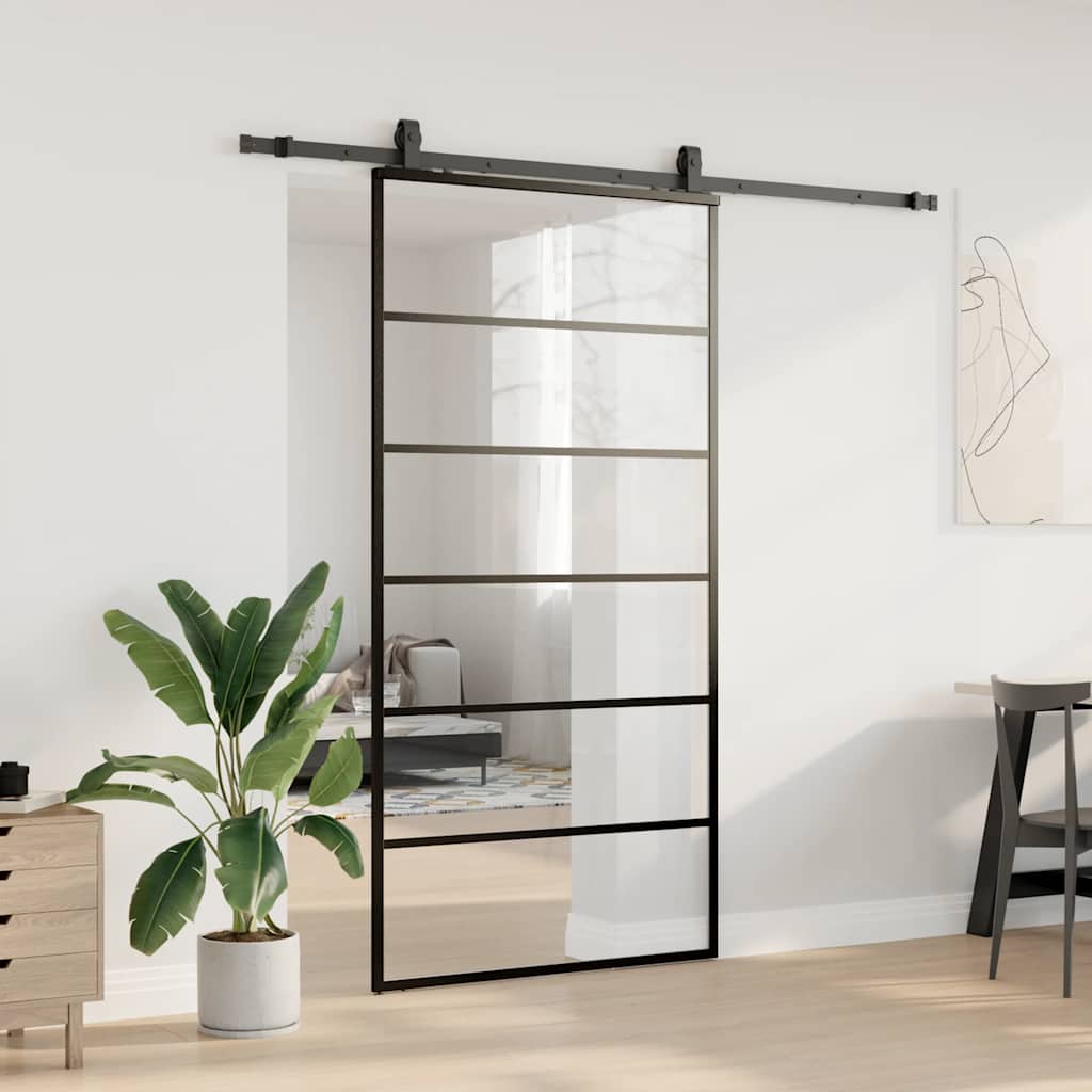 Skyvedør med monteringssett svart 102x205 cm ESG-glass