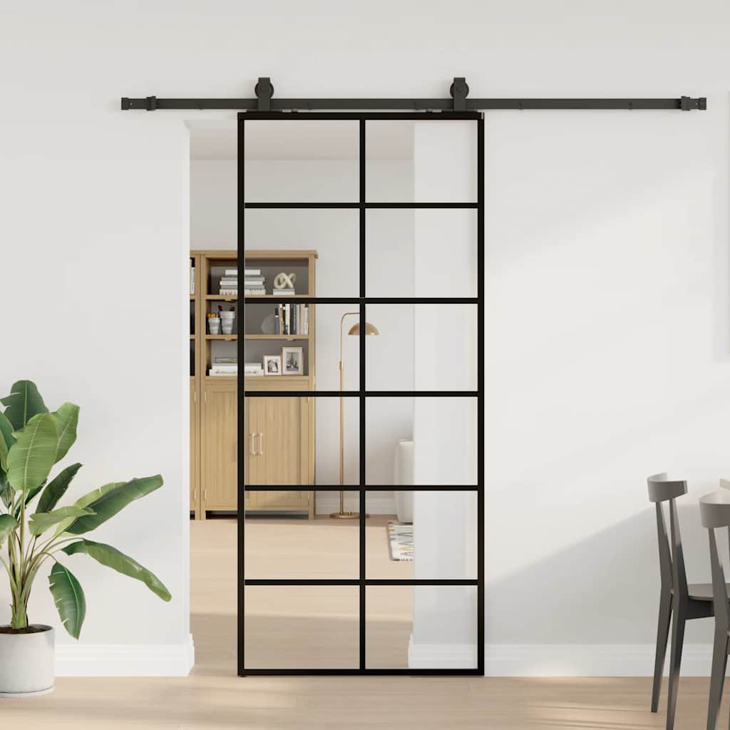 Skyvedør med monteringssett svart 90x205 cm ESG-glass