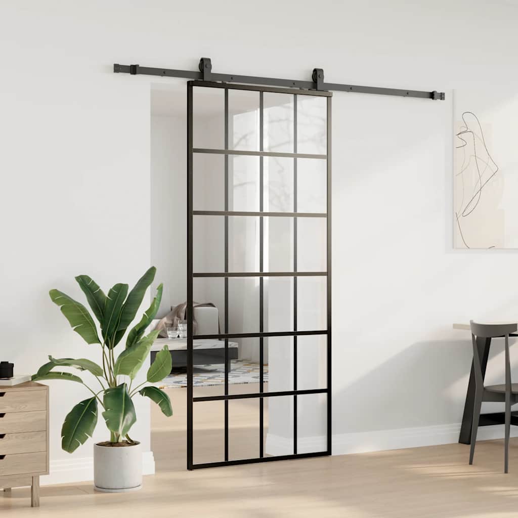 Skyvedør med monteringssett svart 90x205 cm ESG-glass