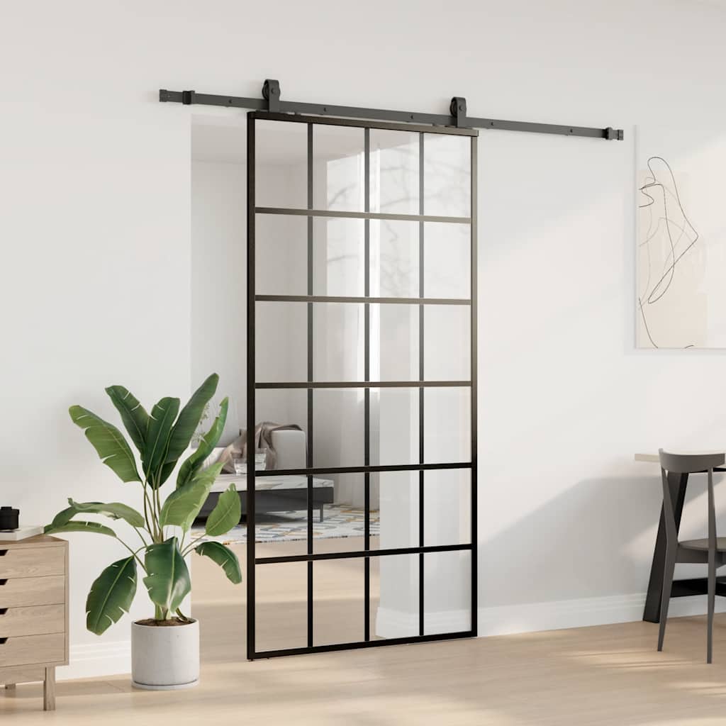 Skyvedør med monteringssett svart 102x205 cm ESG-glass