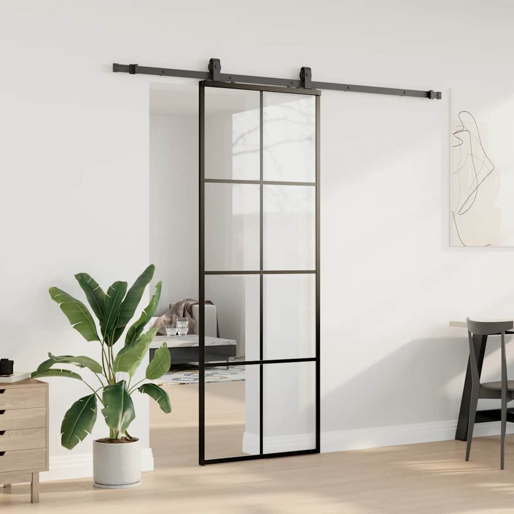 Skyvedør med monteringssett svart 76x205 cm ESG-glass
