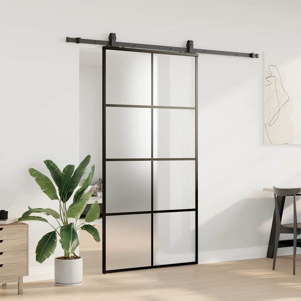 Skyvedør med monteringssett svart 102,5x205 cm ESG-glass