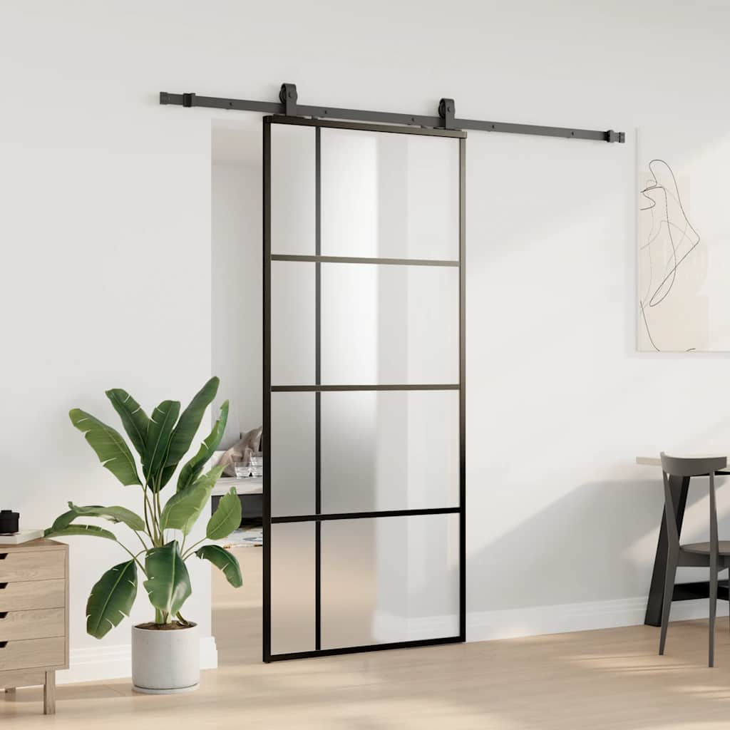 Skyvedør med monteringssett svart 90x205 cm ESG-glass