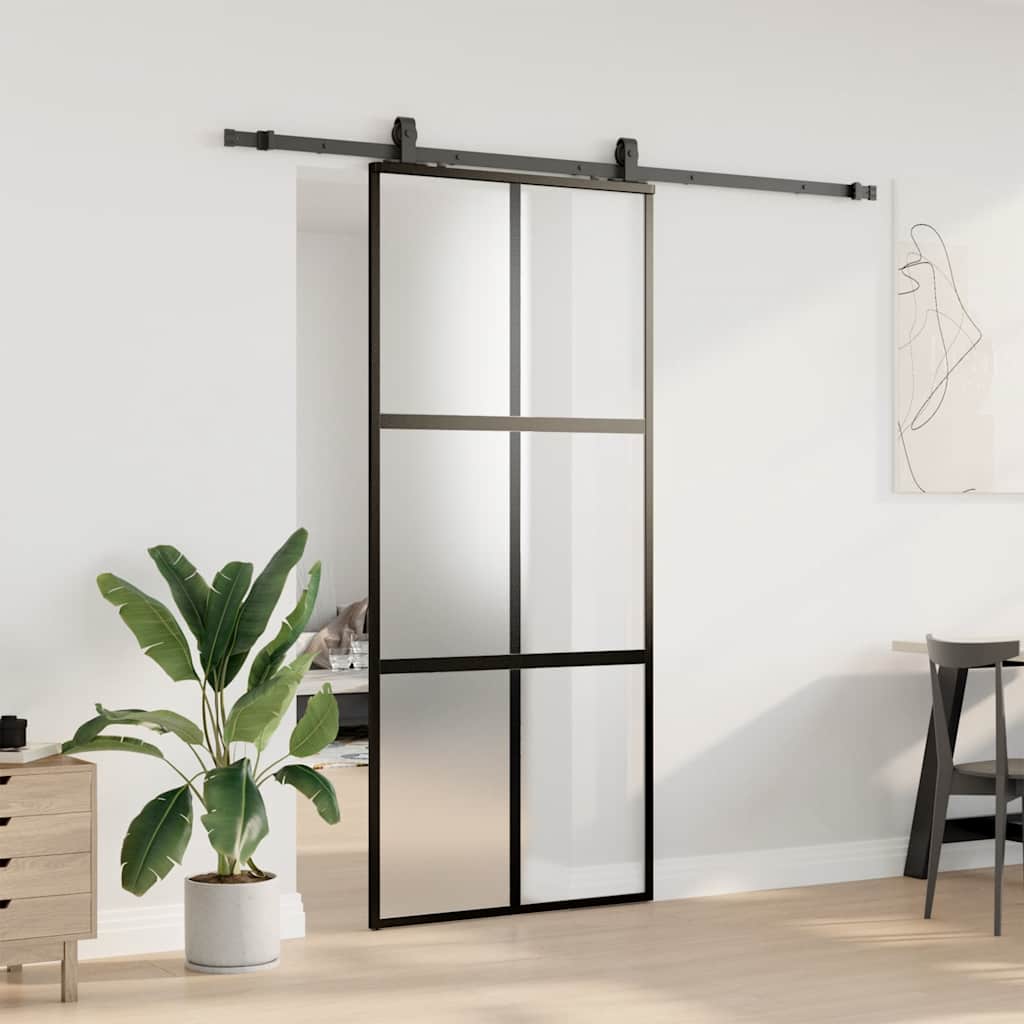Skyvedør med monteringssett svart 90x205 cm herdet glass