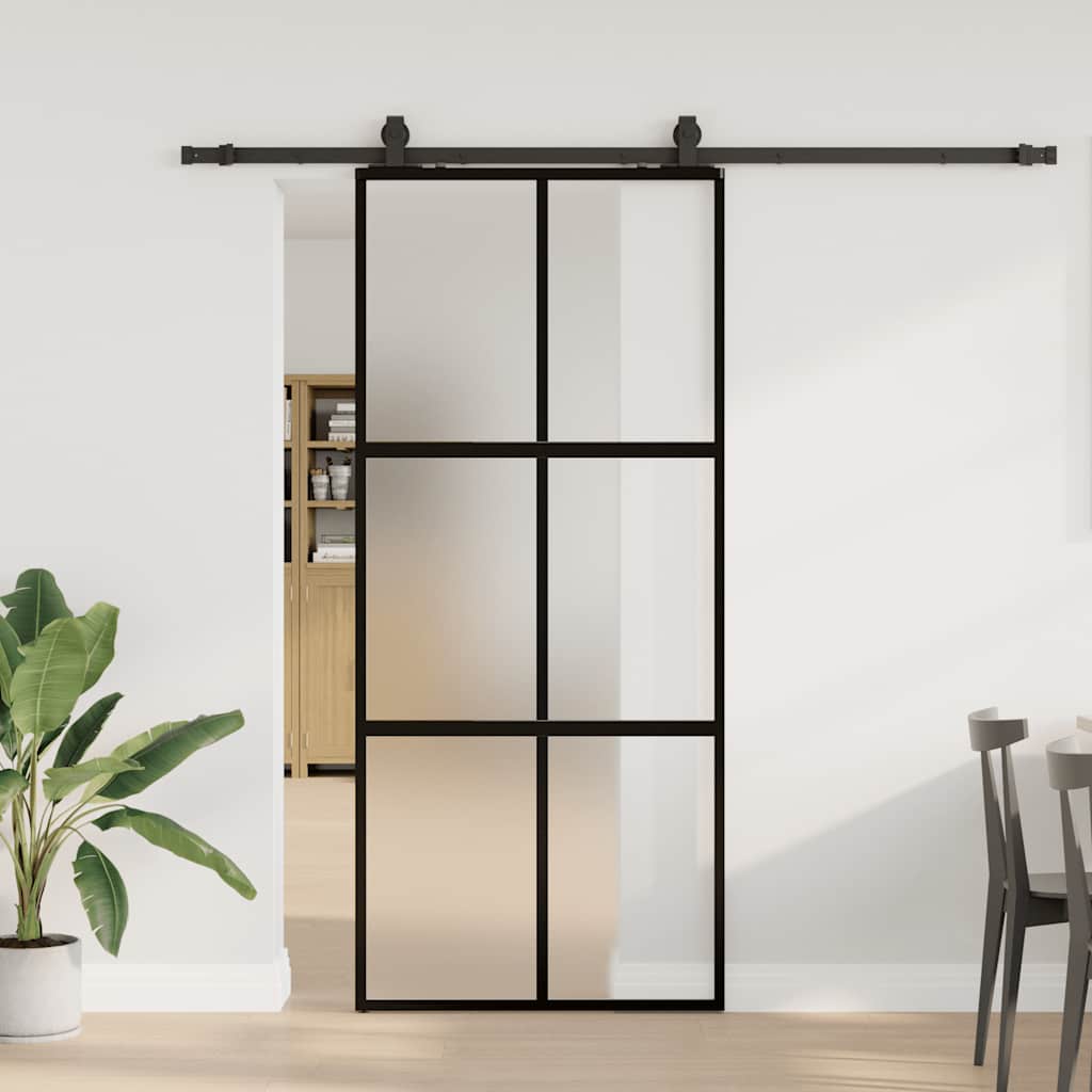 Skyvedør med monteringssett svart 90x205 cm herdet glass
