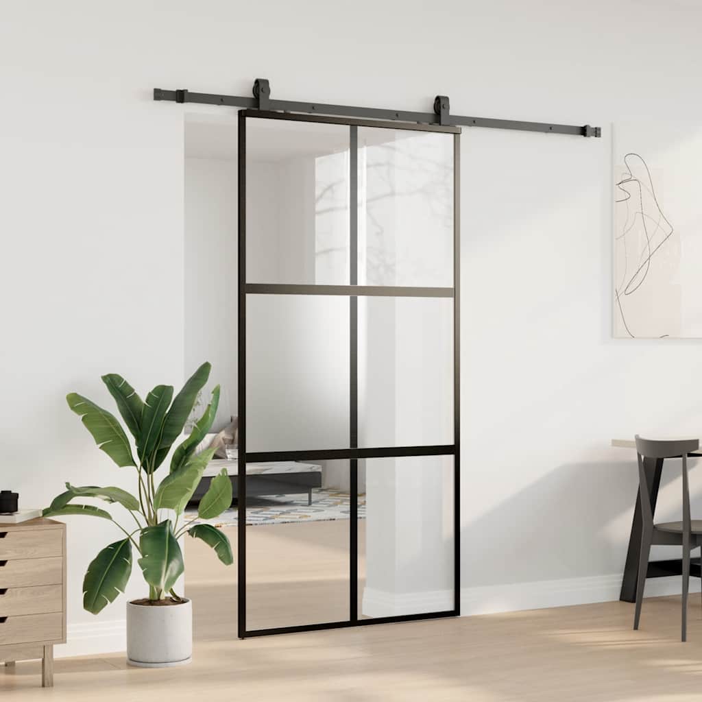 Skyvedør med monteringssett svart 102,5x205 cm herdet glass
